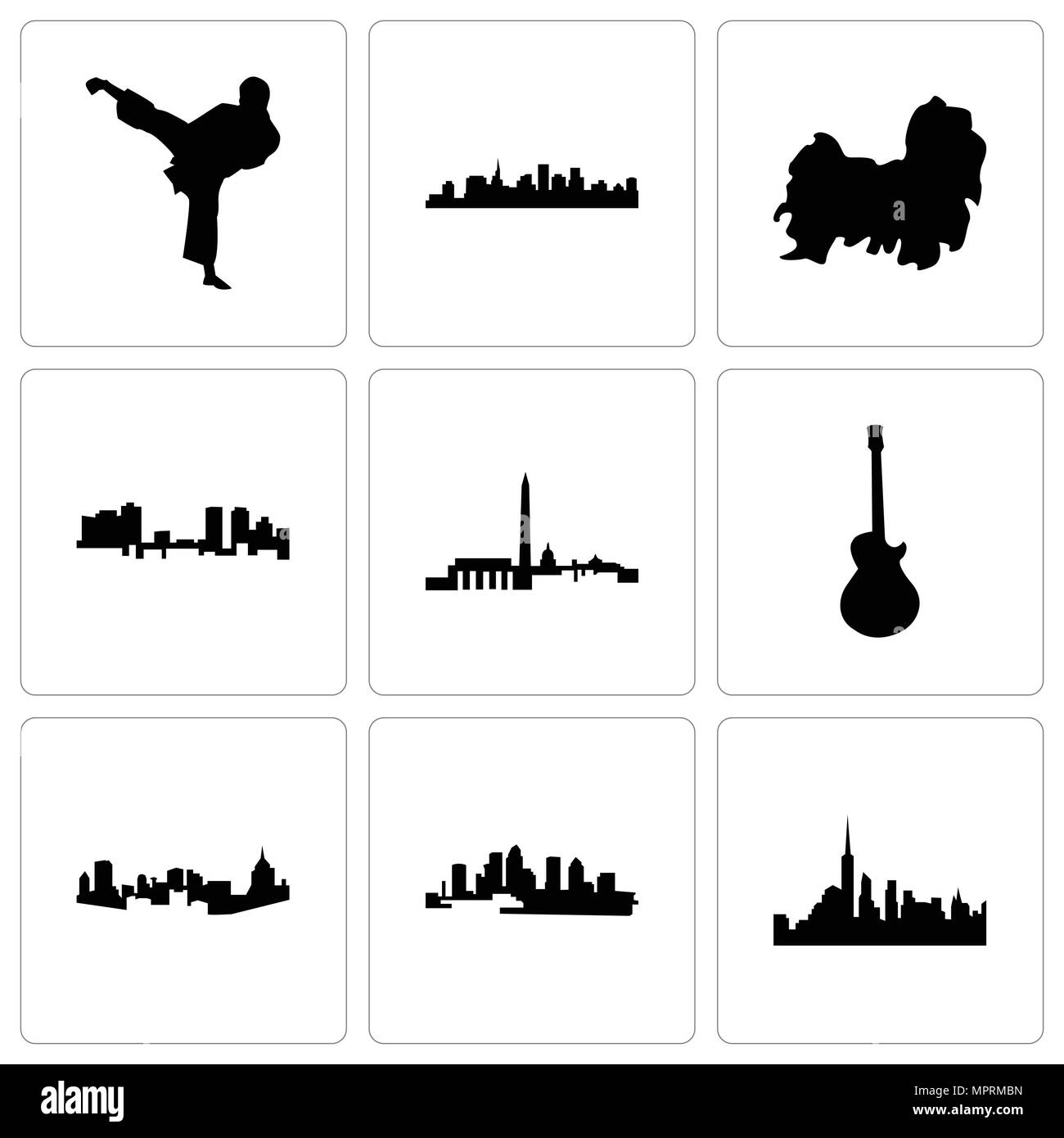 Set Of 9 simple editable icons such as nyc, florida, pittsburgh, image les paul, dc, fort worth, shih tzu, st karate kick, can be used for mobile, web Stock Vector