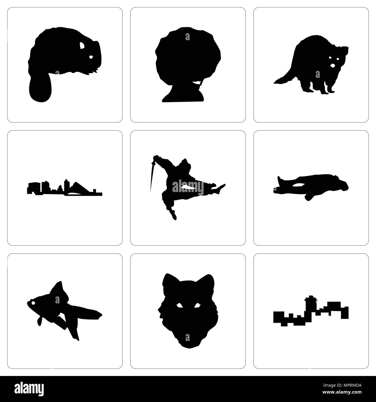 Set Of 9 simple editable icons such as montana, wolf face, goldfish, chalk, ninja, wisconsin, raccoon, afro, beaver, can be used for mobile, web Stock Vector