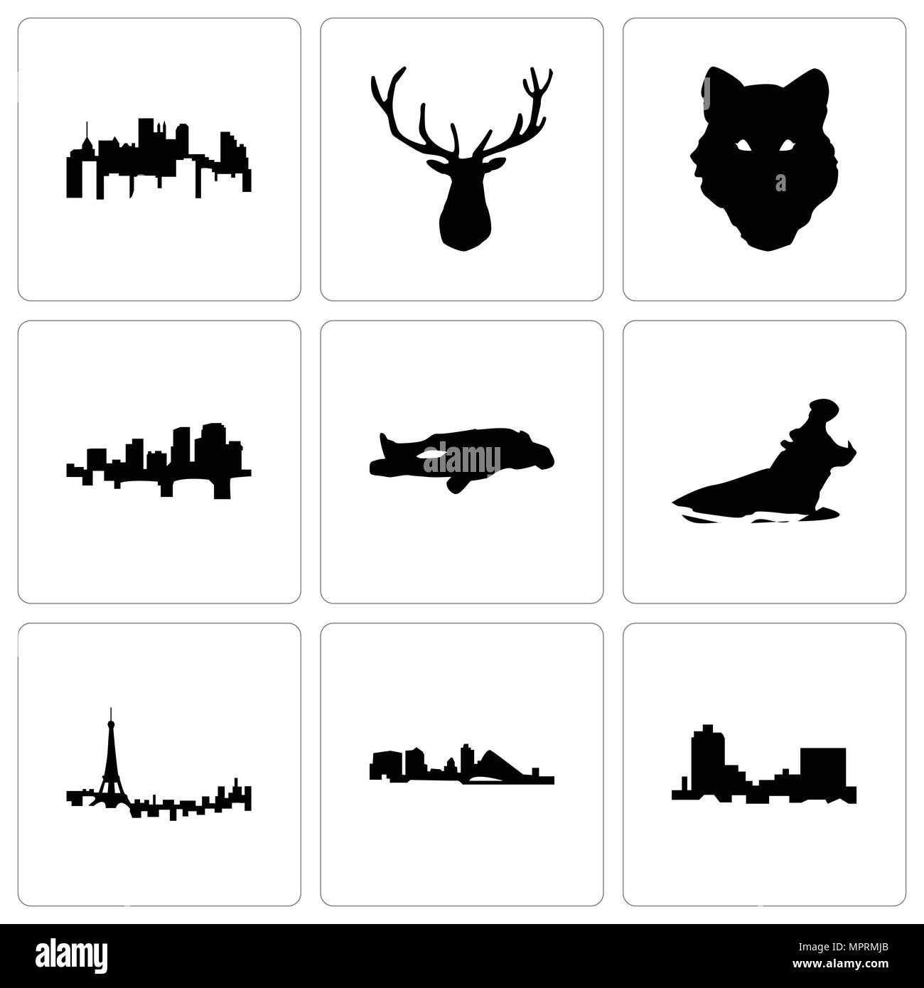 Set Of 9 simple editable icons such as montana, wisconsin, paris, hippo, chalk, arkansas, wolf face, elk head, pennsylvania state, can be used for mob Stock Vector