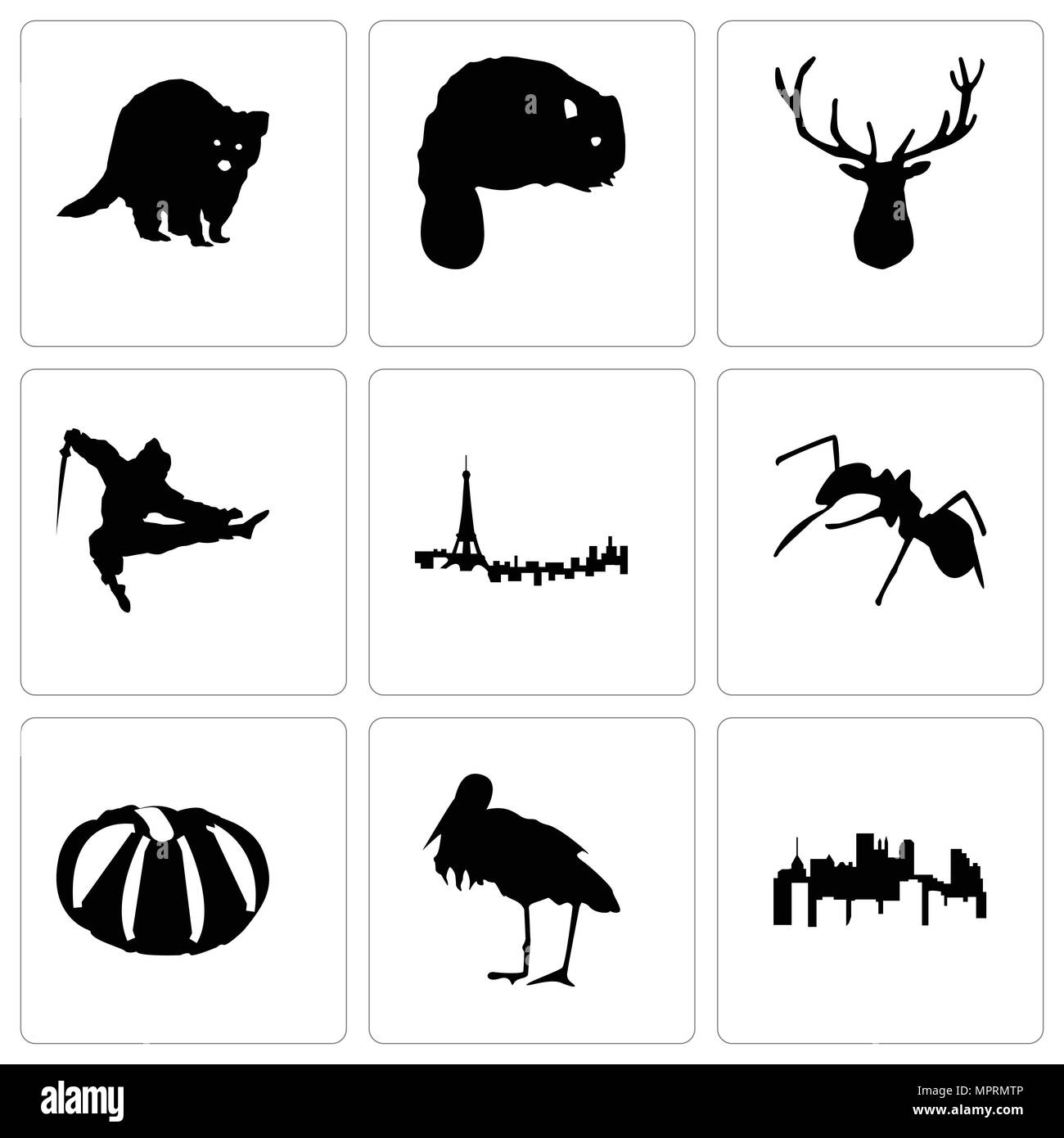 Set Of 9 simple editable icons such as pennsylvania state, stork, pumpkin, ant, paris, ninja, elk head, beaver, raccoon, can be used for mobile, web Stock Vector