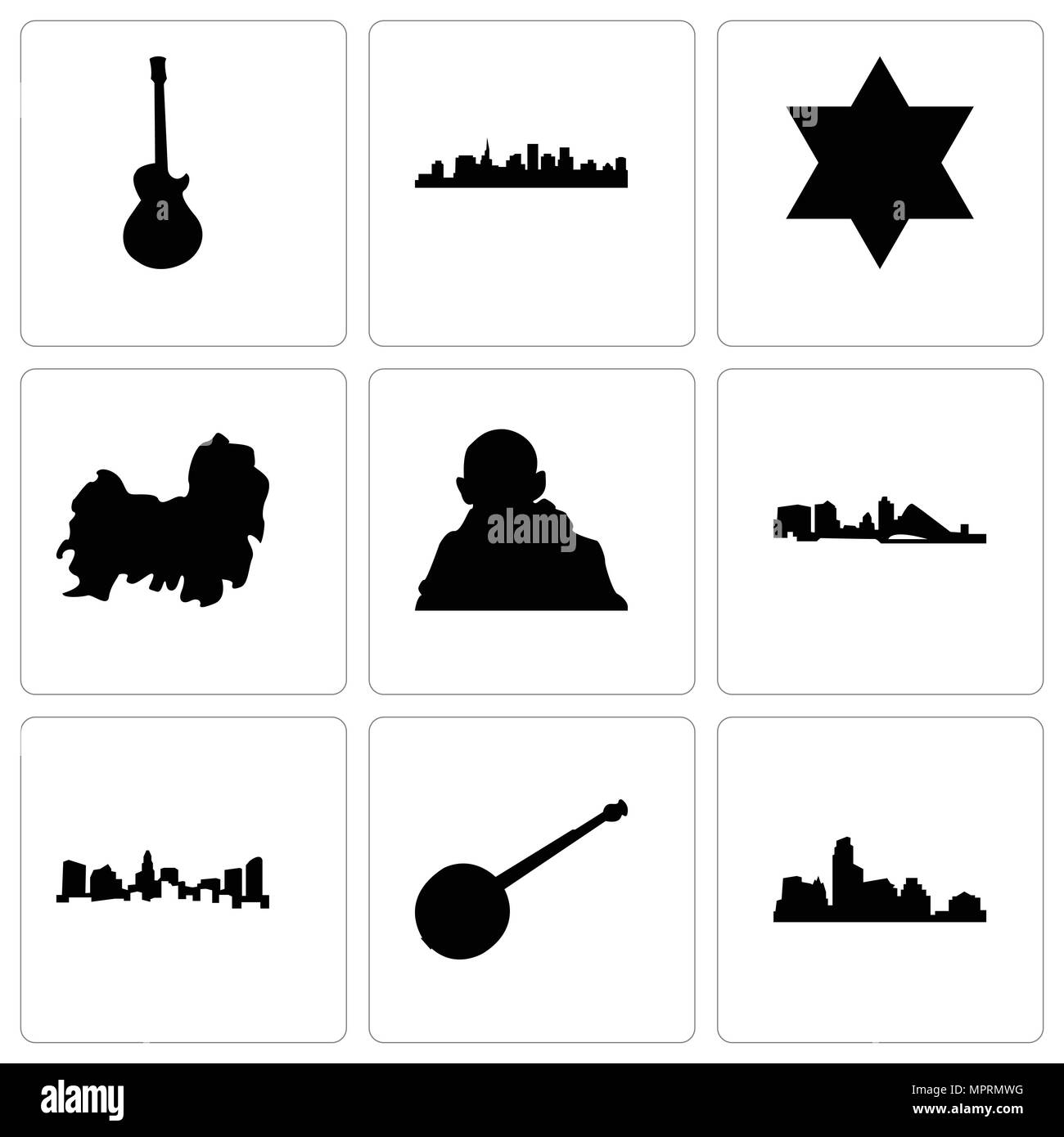 Set Of 9 simple editable icons such as austin, banjo, charlotte, wisconsin, gandhi, shih tzu, star of david, st paul, image les can be used for mobile Stock Vector