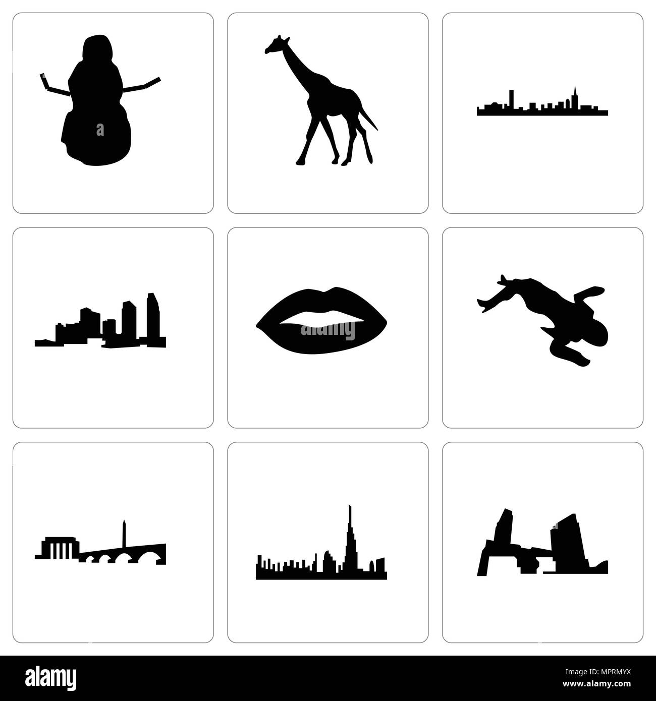 Set Of 9 simple editable icons such as long island, dubai, dc, crime scene body, lips, boston, giraffe, snowman, can be used for mobile, web Stock Vector
