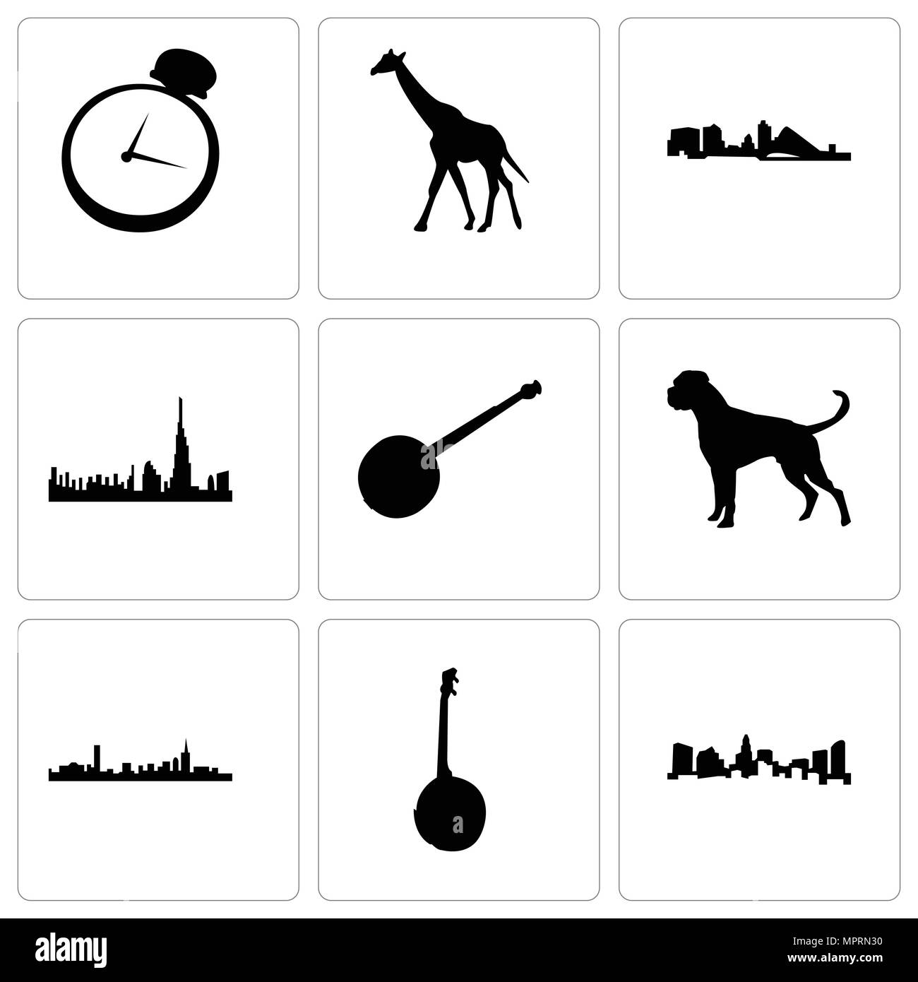 Set Of 9 simple editable icons such as charlotte, banjo, boston, boxer dog, dubai, wisconsin, giraffe, pocket watch, can be used for mobile, web Stock Vector