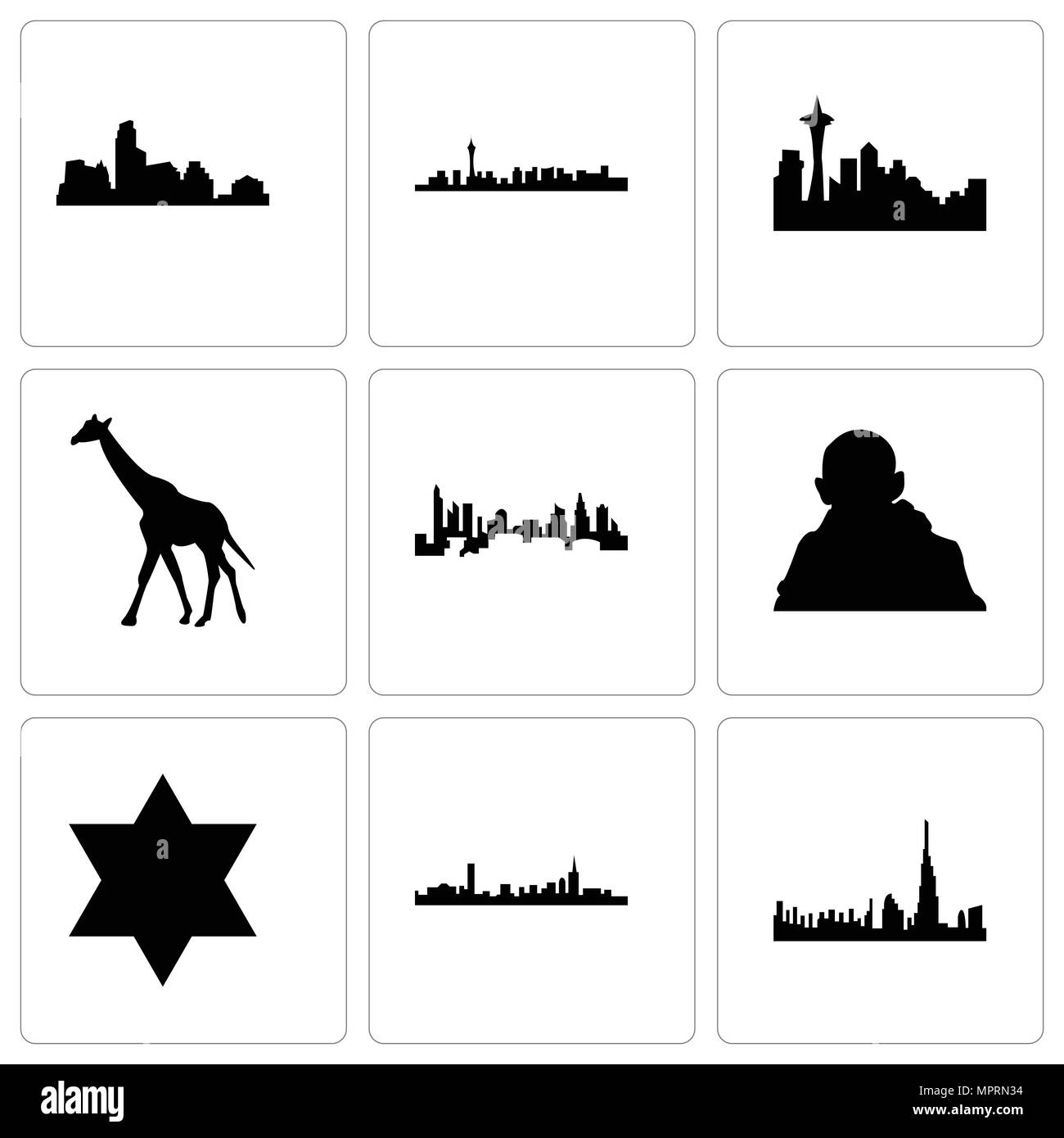 Set Of 9 simple editable icons such as dubai, boston, star of david, gandhi, charlotte, giraffe, seattle, las vegas, austin, can be used for mobile, w Stock Vector