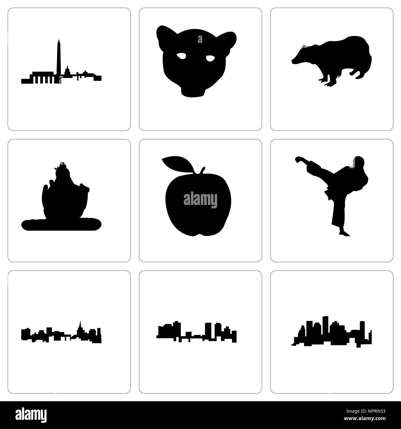 Set Of 9 simple editable icons such as houston, fort worth, st paul, karate kick, apple, lord shiva, badger, jaguar face, dc, can be used for mobile,  Stock Vector