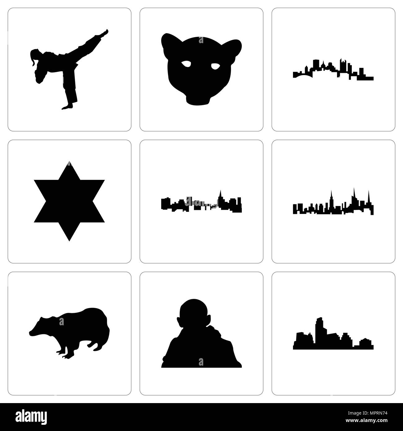 Set Of 9 simple editable icons such as austin, gandhi, badger, nyc, st paul, star of david, pittsburgh, jaguar face, karate kick, can be used for mobi Stock Vector
