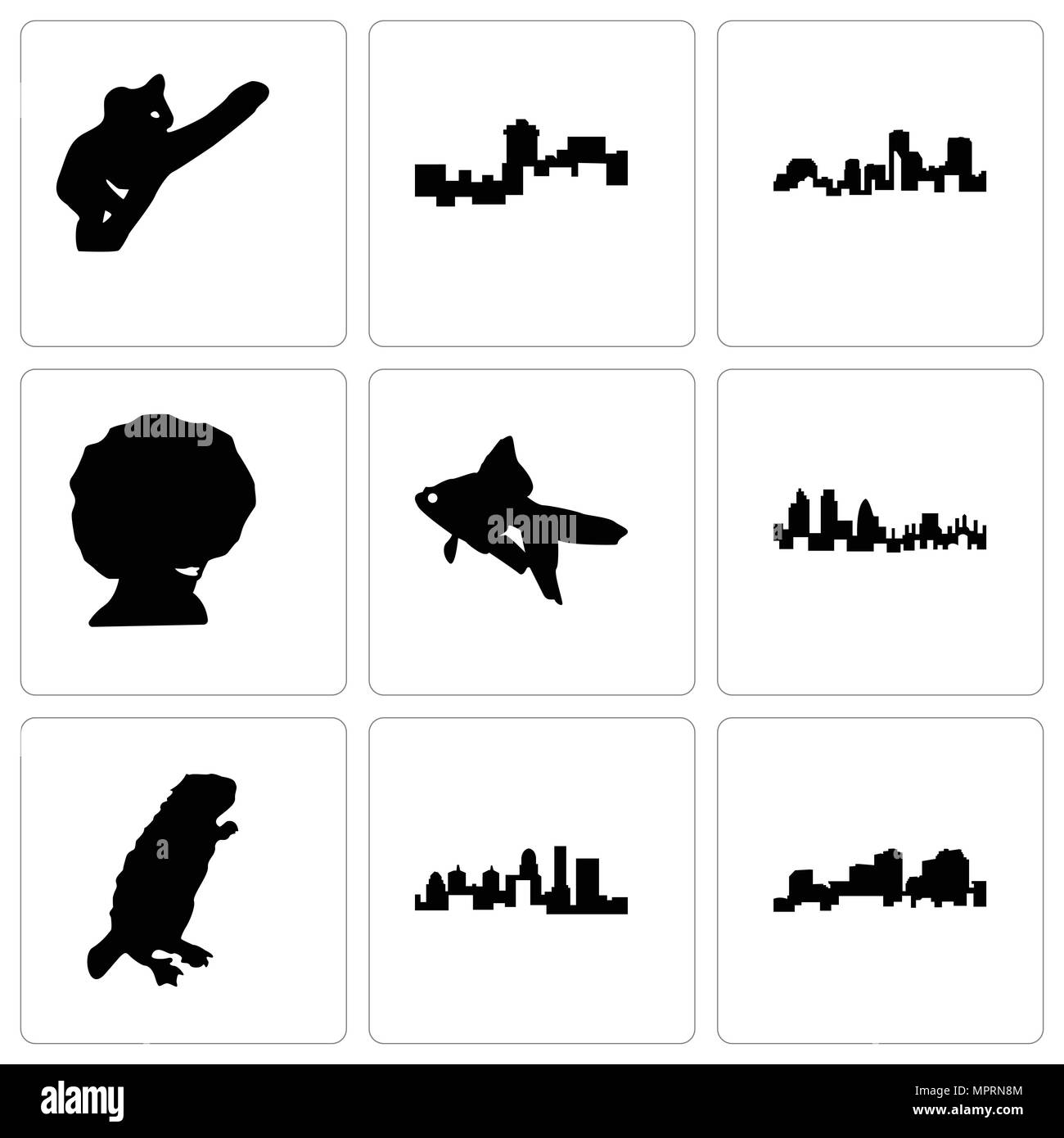 Set Of 9 simple editable icons such as louisiana, kentucky state, beaver, london, goldfish, afro, montana, koala, can be used for mobile, web Stock Vector