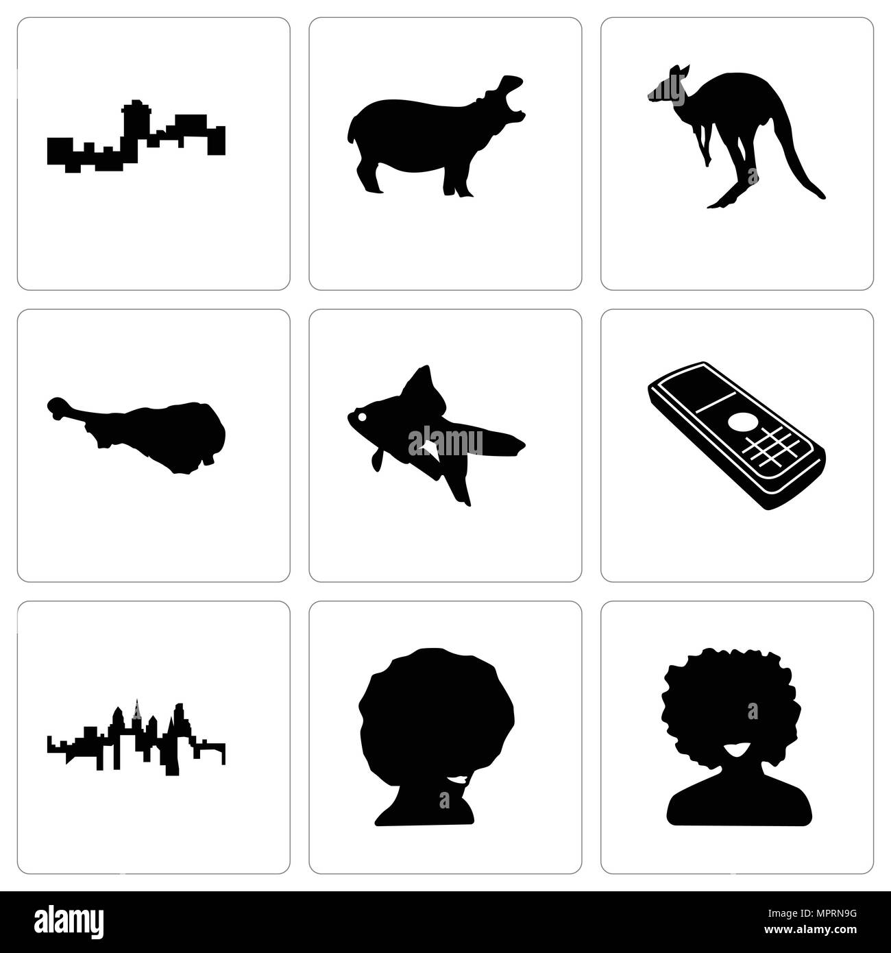 Set Of 9 simple editable icons such as afro, pennsylvania state, cell phone, goldfish, turkey leg, kangaroo, hippo, montana, can be used for mobile, w Stock Vector