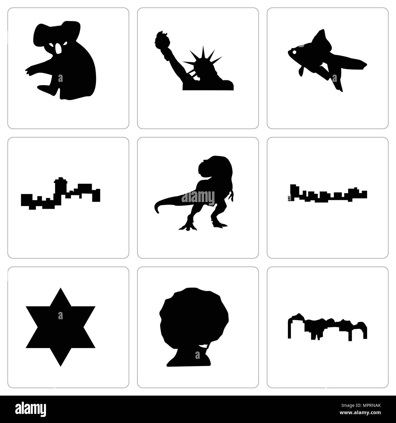 Set Of 9 simple editable icons such as utah, afro, star of david, jamaica, t rex, montana, goldfish, statue liberty, koala, can be used for mobile, we Stock Vector