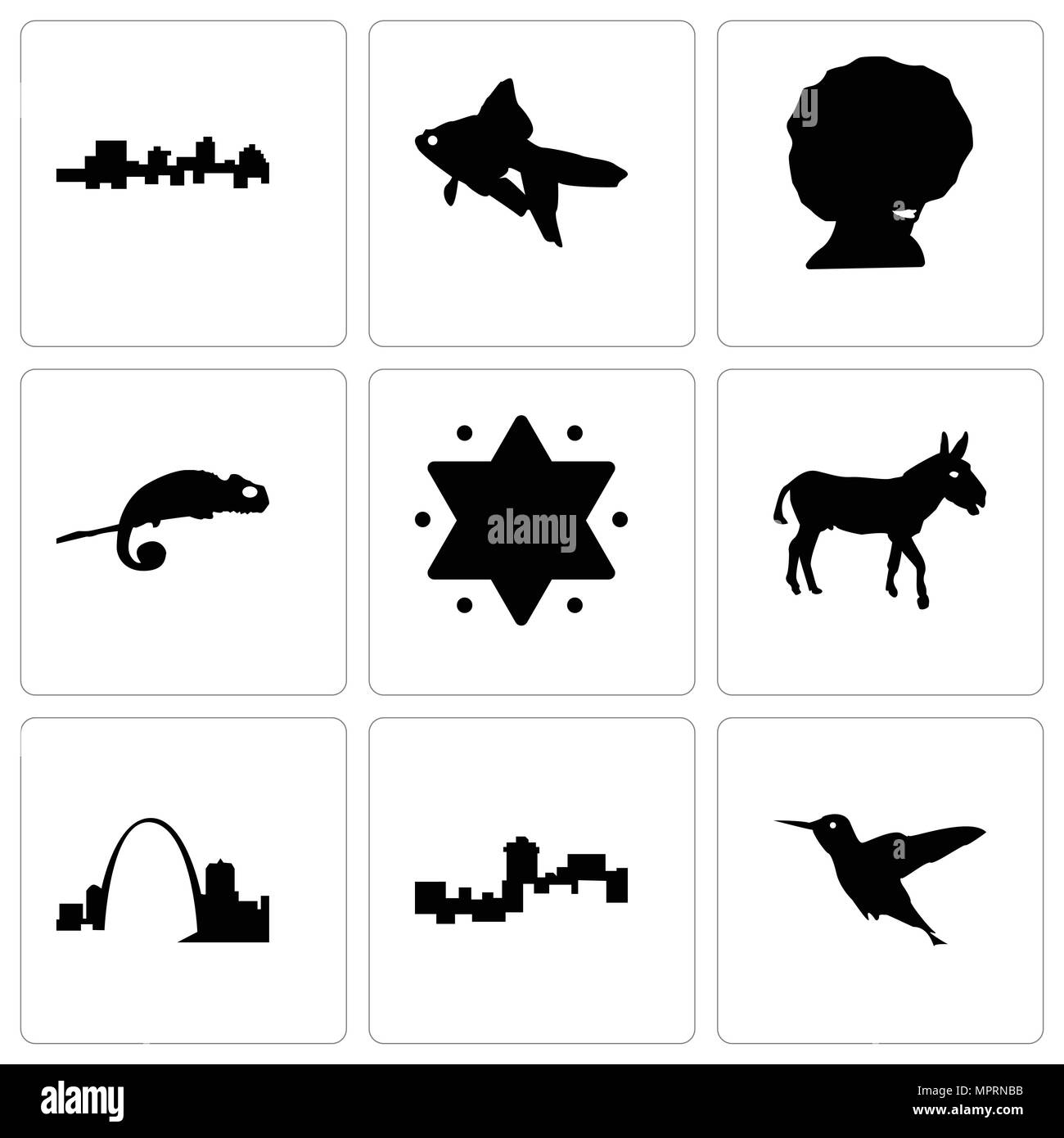 Set Of 9 simple editable icons such as hummingbird, montana, missouri, donkey, star of david, chameleon, afro, goldfish, jamaica, can be used for mobi Stock Vector