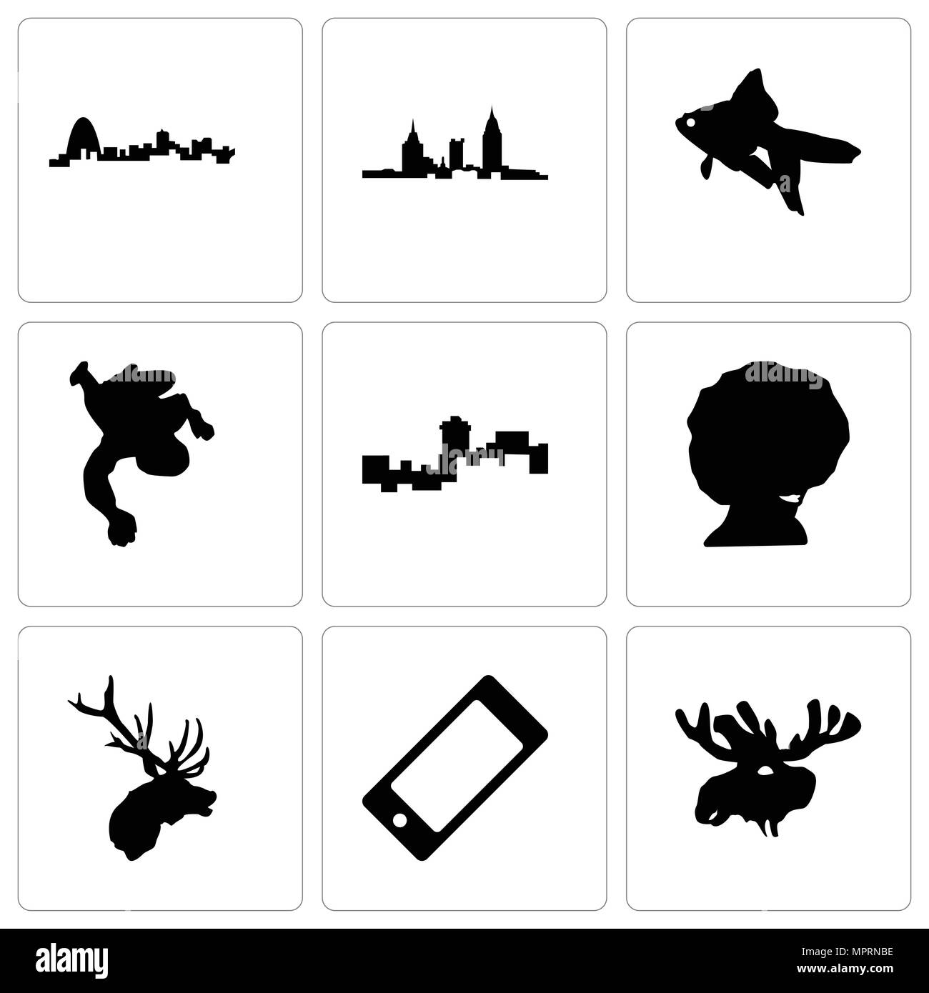 Set Of 9 simple editable icons such as moose head, cell phone, elk afro, montana, chalk, goldfish, alabama, missouri, can be used for mobile, web Stock Vector