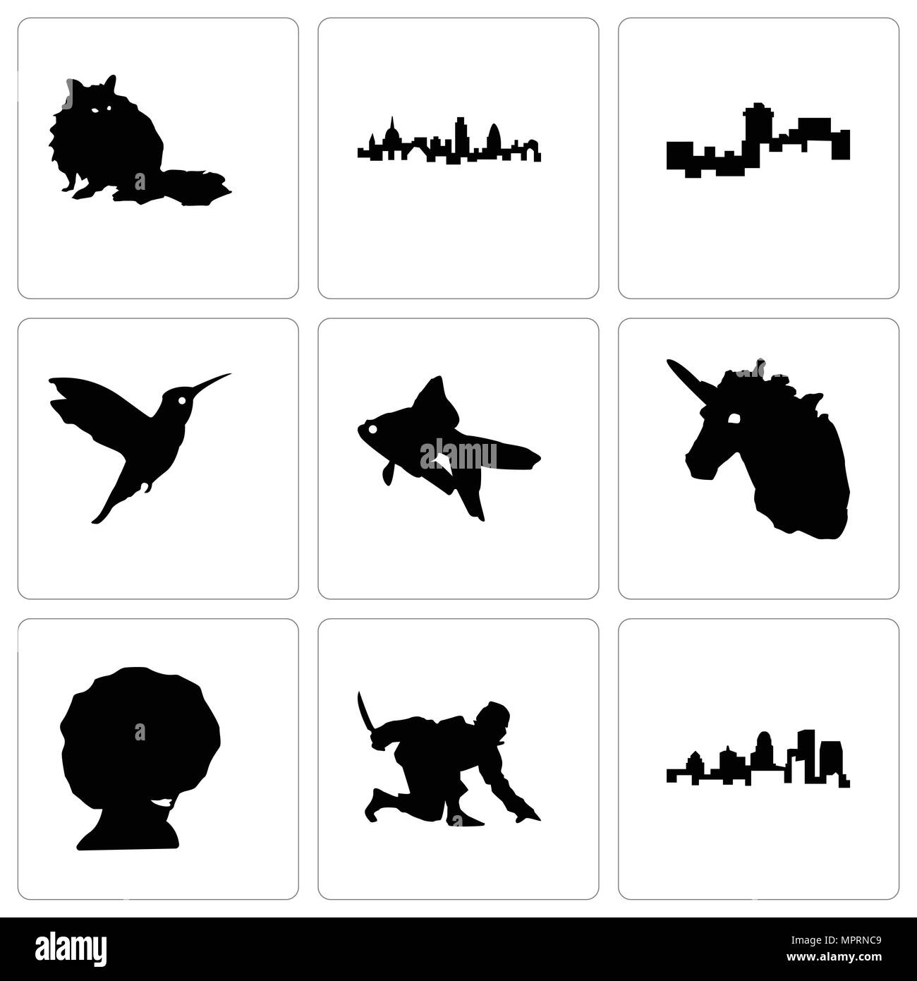 Set Of 9 simple editable icons such as kentucky state, ninja, afro, unicorn head, goldfish, hummingbird, montana, london, raccoon, can be used for mob Stock Vector