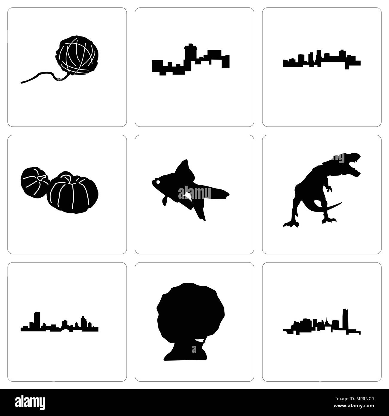 Set Of 9 simple editable icons such as oklahoma, afro, wisconsin, t rex, goldfish, pumpkin, arkansas, montana, yarn ball, can be used for mobile, web Stock Vector