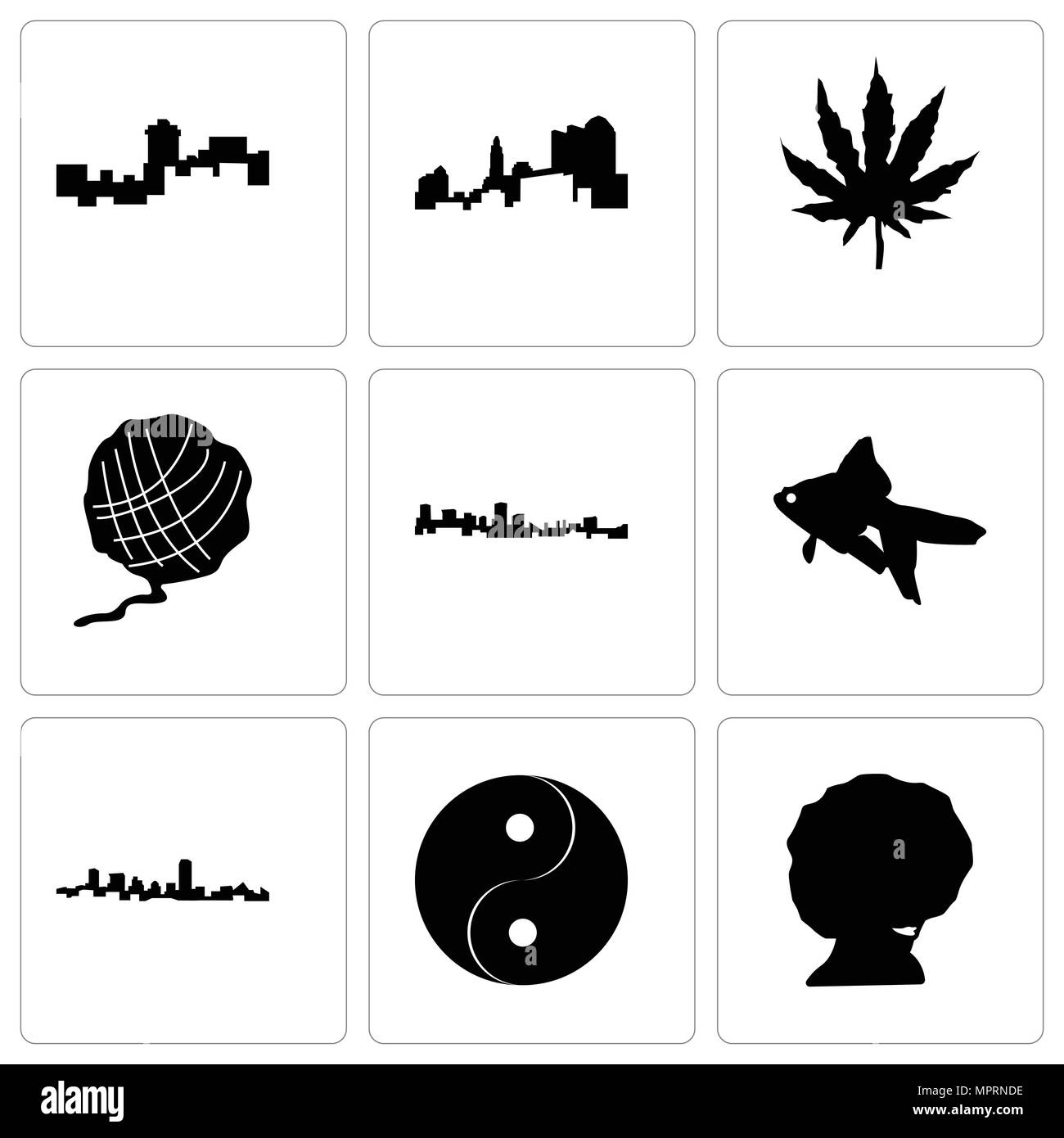 Set Of 9 simple editable icons such as afro, yin yang, maryland, goldfish, yarn ball, marijuana leaf, ohio, montana, can be used for mobile, web Stock Vector