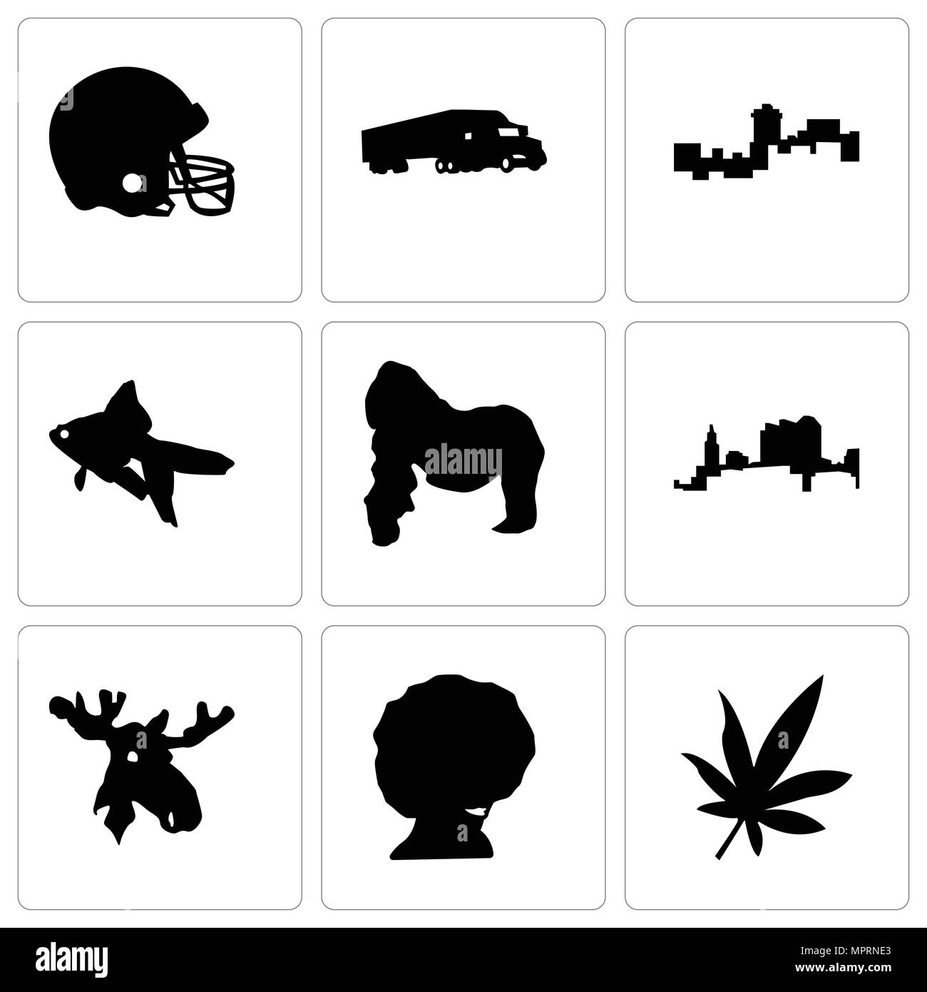 Set Of 9 simple editable icons such as marijuana leaf, afro, moose head, ohio, gorilla, goldfish, montana, semi truck, football helmet, can be used fo Stock Vector