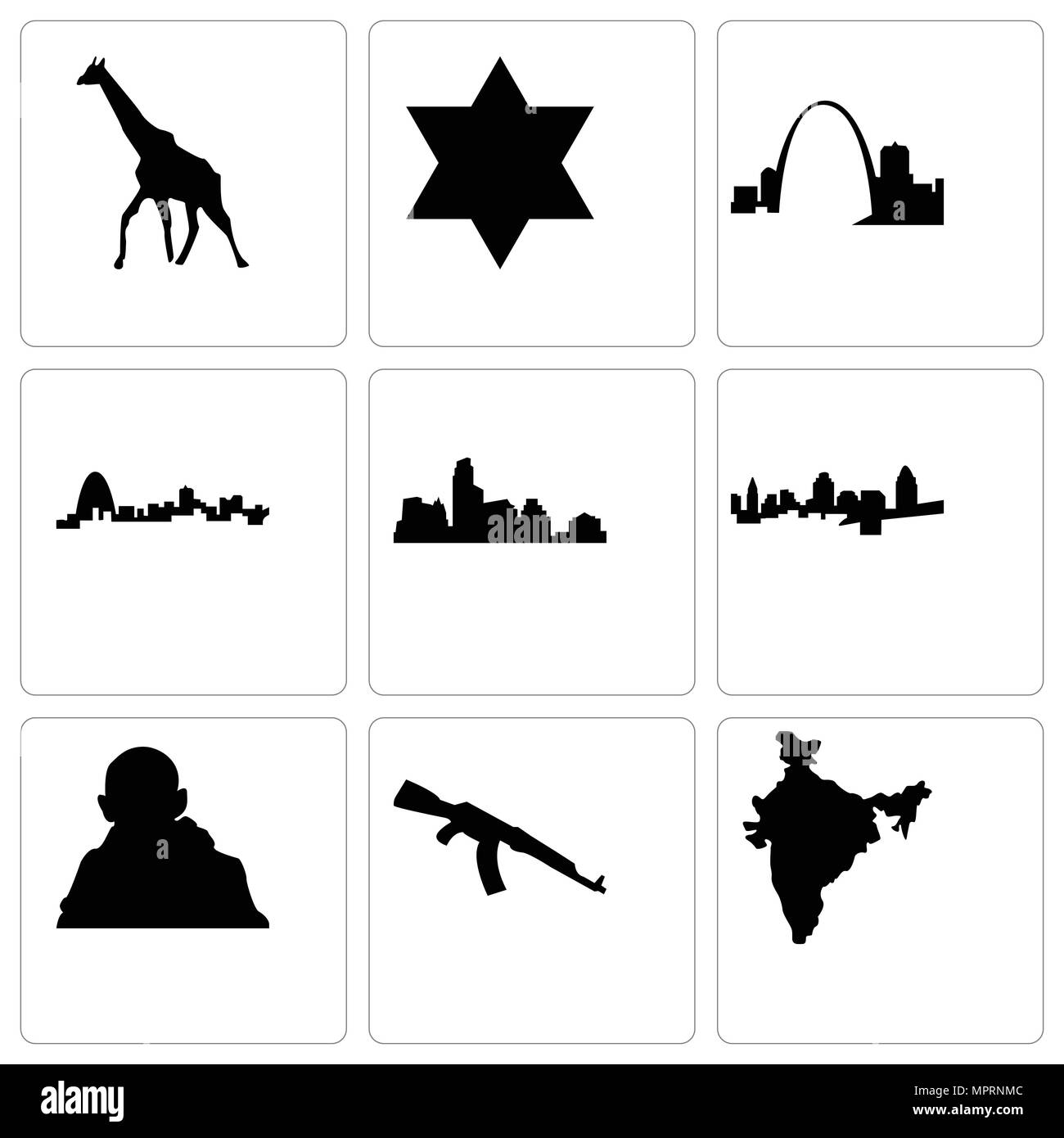 Set Of 9 simple editable icons such as india map, ak47, gandhi, cincinnati, austin, missouri, star of david, giraffe, can be used for mobile, web Stock Vector