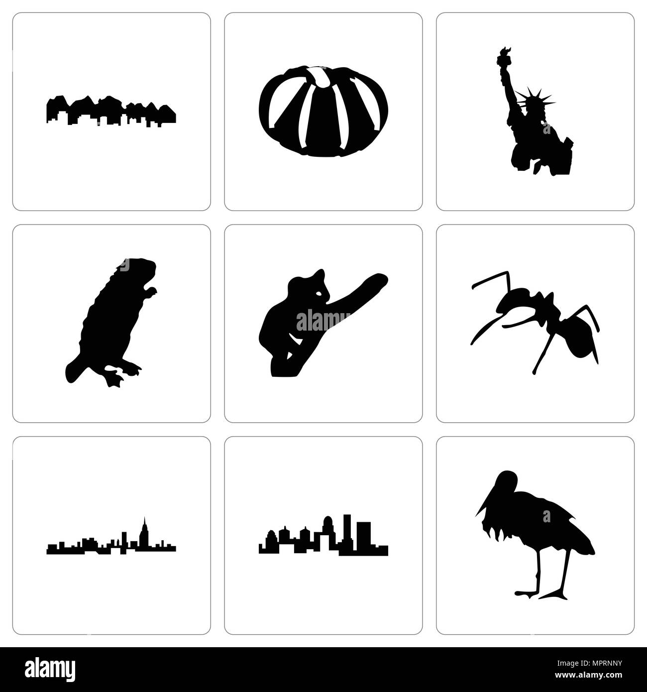 Set Of 9 simple editable icons such as stork, kentucky state, alabama, ant, koala, beaver, statue of liberty, pumpkin, utah, can be used for mobile, w Stock Vector