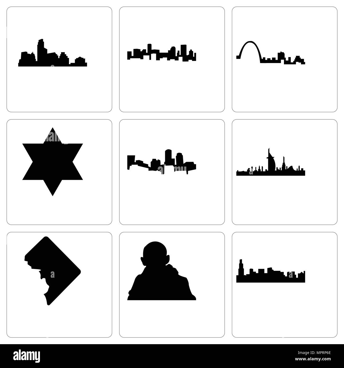 Set Of 9 simple editable icons such as chicago, gandhi, dc, dubai, boston, star of david, st louis, denver, austin, can be used for mobile, web Stock Vector
