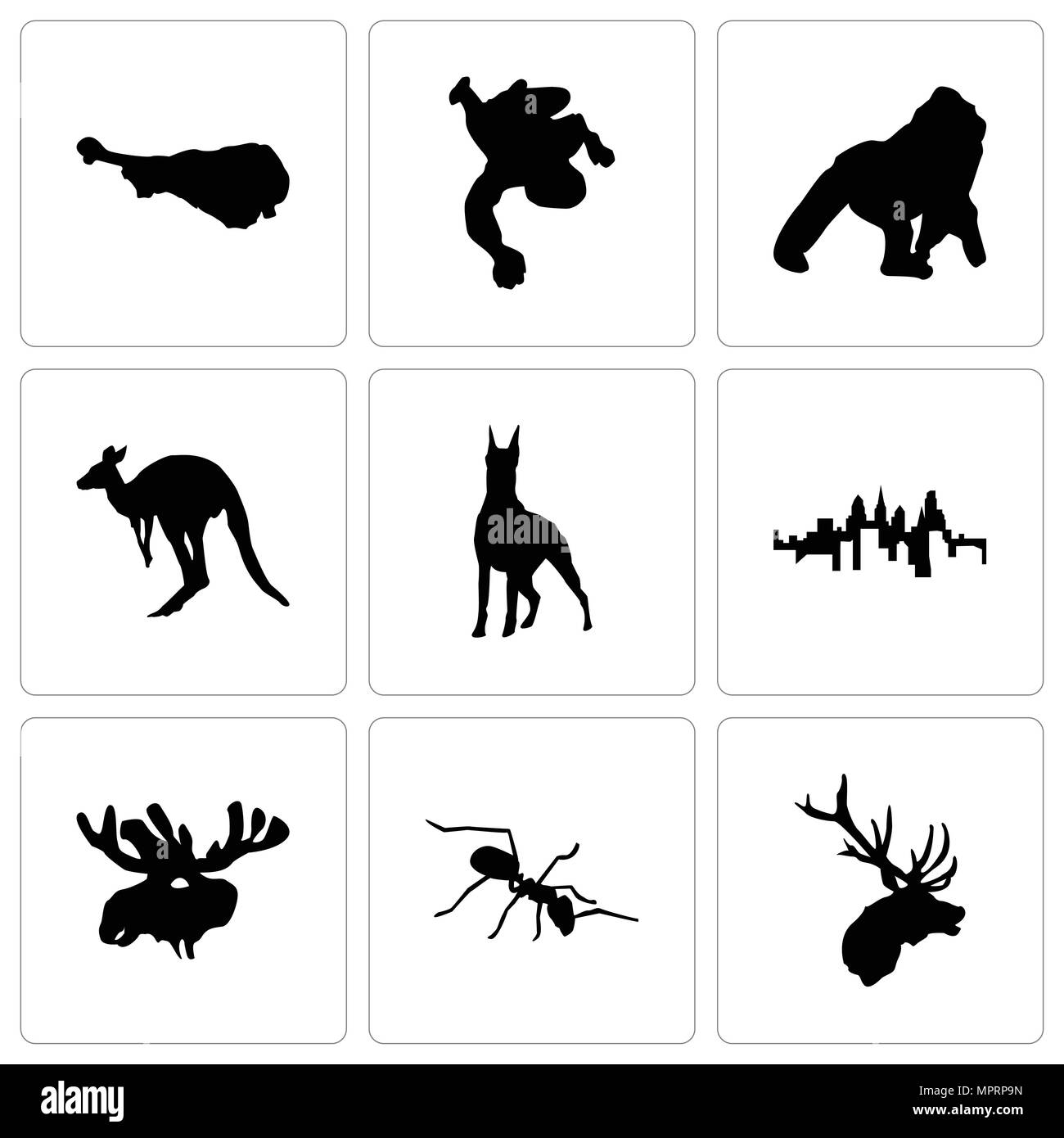 Set Of 9 simple editable icons such as elk head, ant, moose pennsylvania state, doberman, kangaroo, gorilla, chalk, turkey leg, can be used for mobile Stock Vector