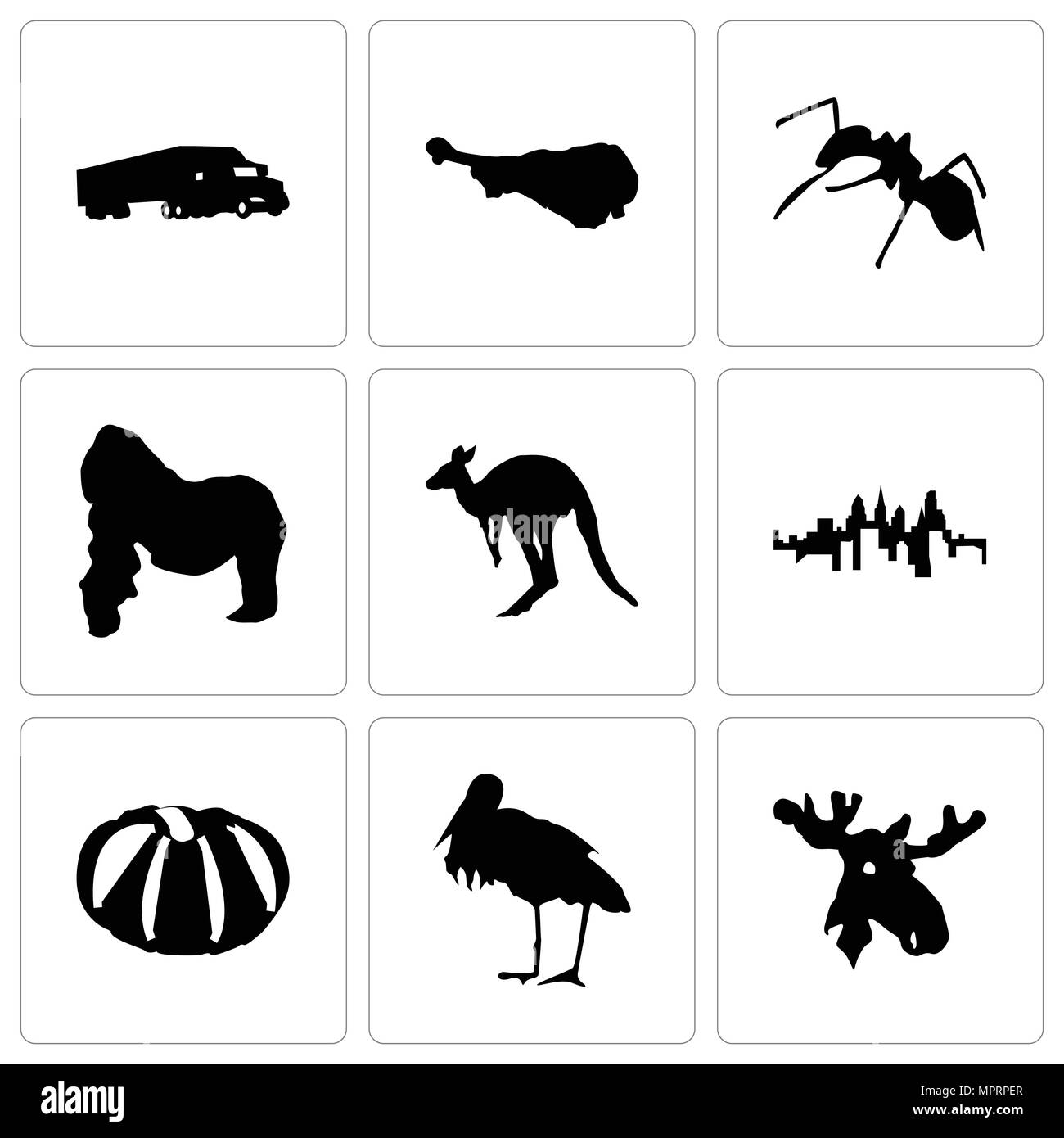 Set Of 9 simple editable icons such as moose head, stork, pumpkin, pennsylvania state, kangaroo, gorilla, ant, turkey leg, semi truck, can be used for Stock Vector
