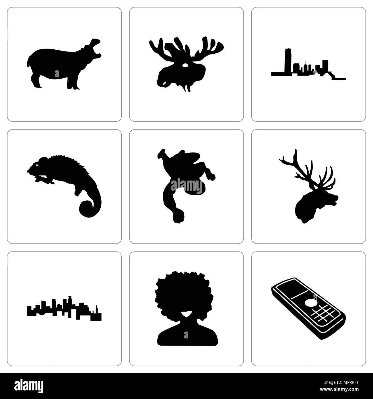 Set Of 9 simple editable icons such as cell phone, afro, minnesota, elk head, chalk, chameleon, oklahoma, moose hippo, can be used for mobile, web Stock Vector