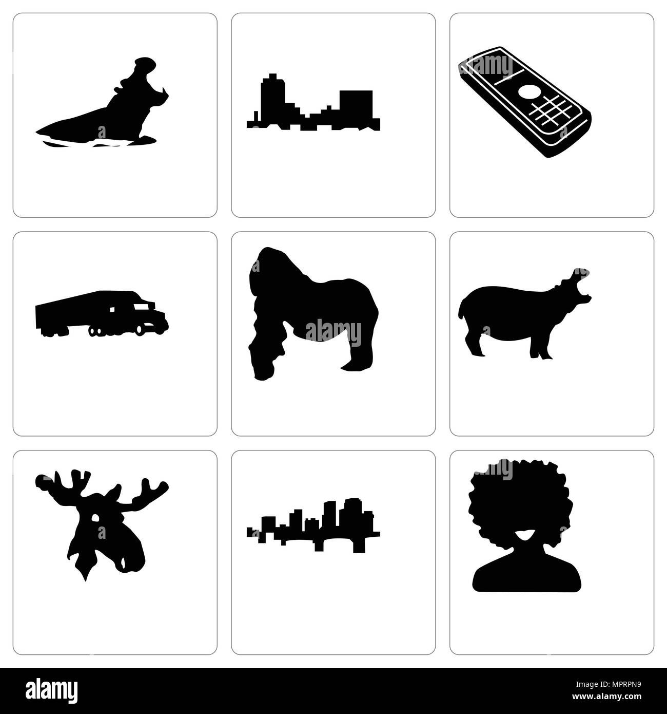 Set Of 9 simple editable icons such as afro, arkansas, moose head, hippo, gorilla, semi truck, cell phone, montana, can be used for mobile, web Stock Vector