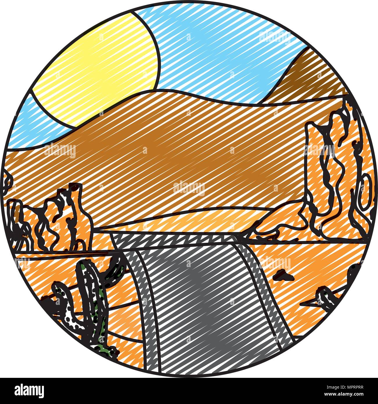 doodle desert cactus plant with mountains road Stock Vector Image & Art ...