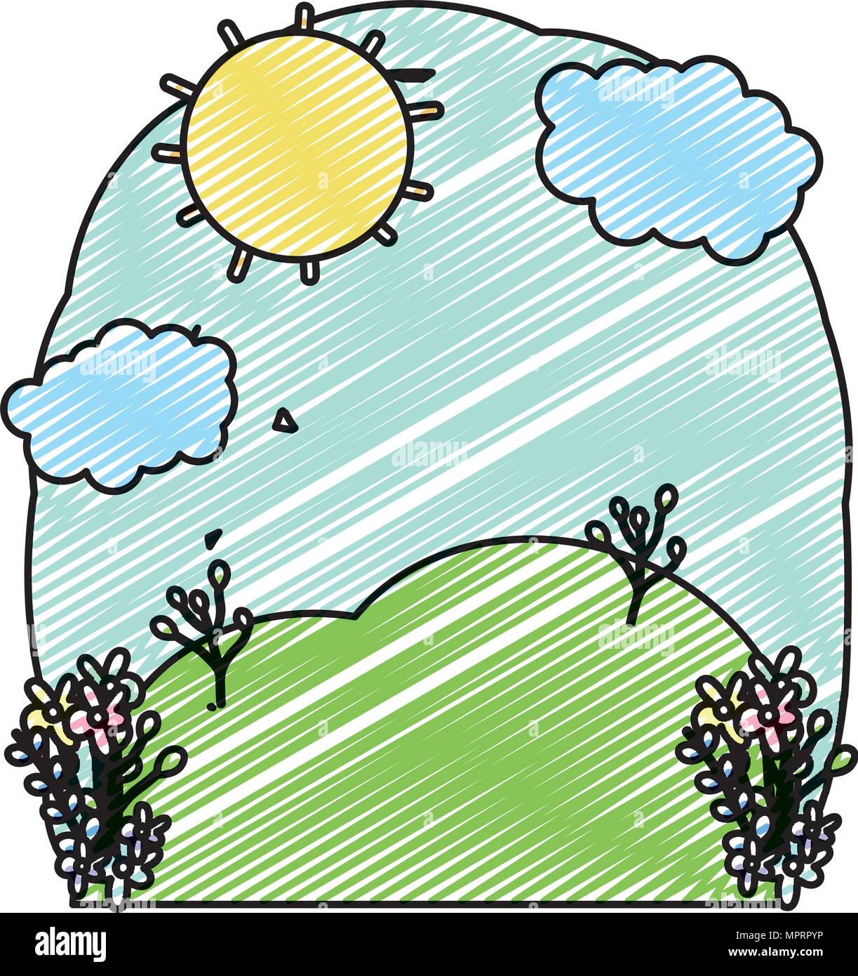 doodle sun and clouds weather with flowers plants landscape Stock ...