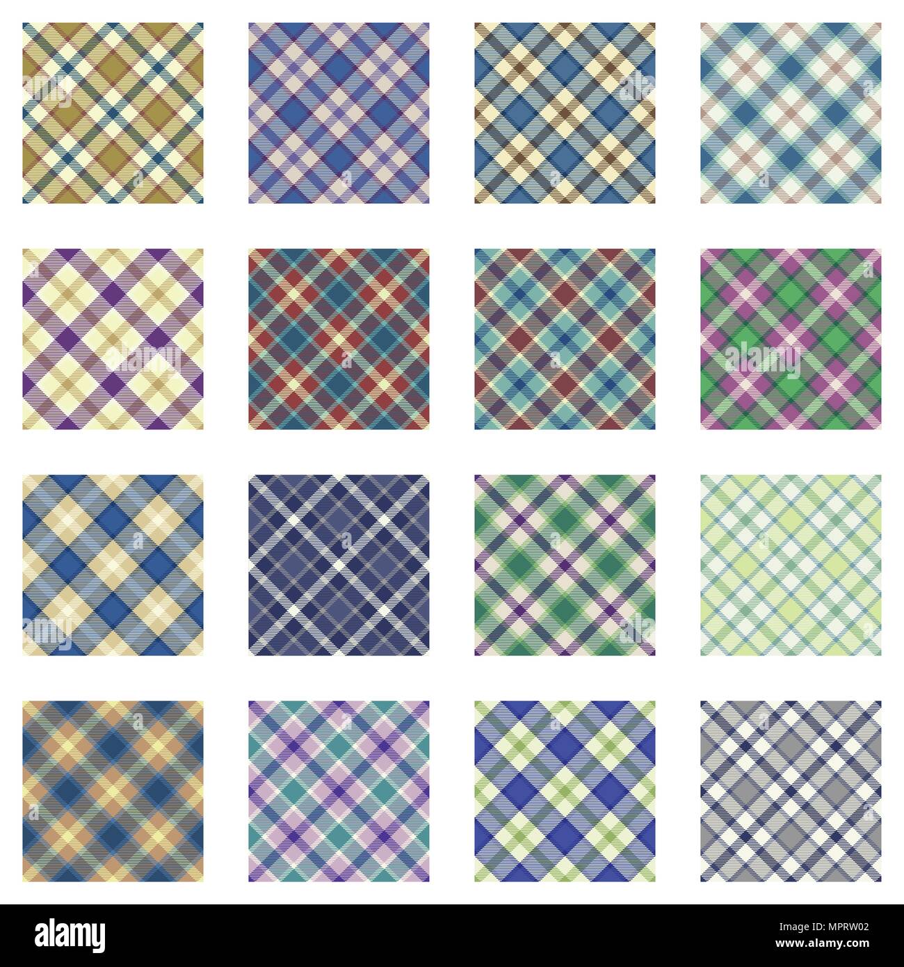Plaid patterns collection, 16 seamless tartan patterns, muted shades, retro colors Stock Vector