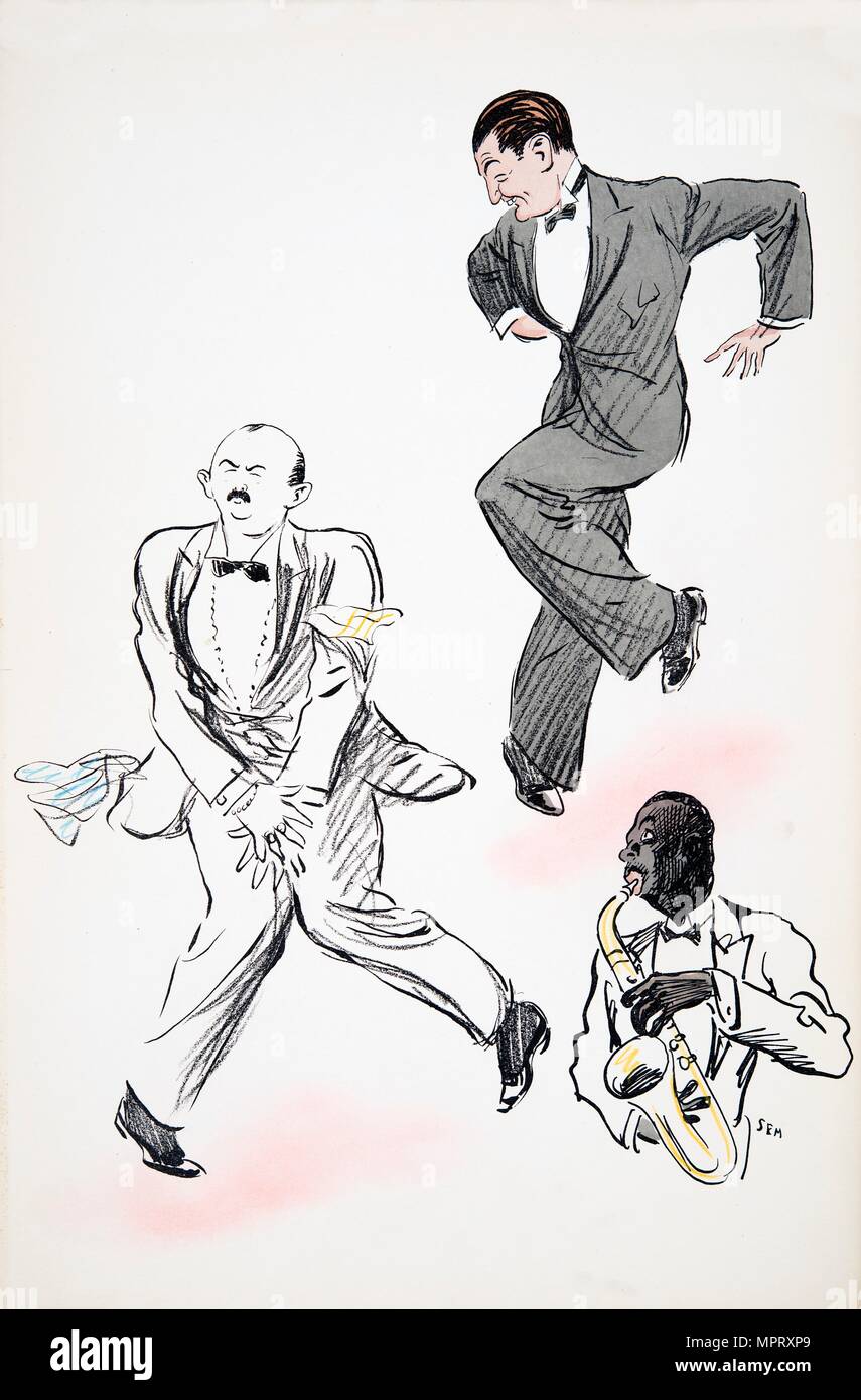 Two gentleman in black tie dancing to jazz, played by a musician on the