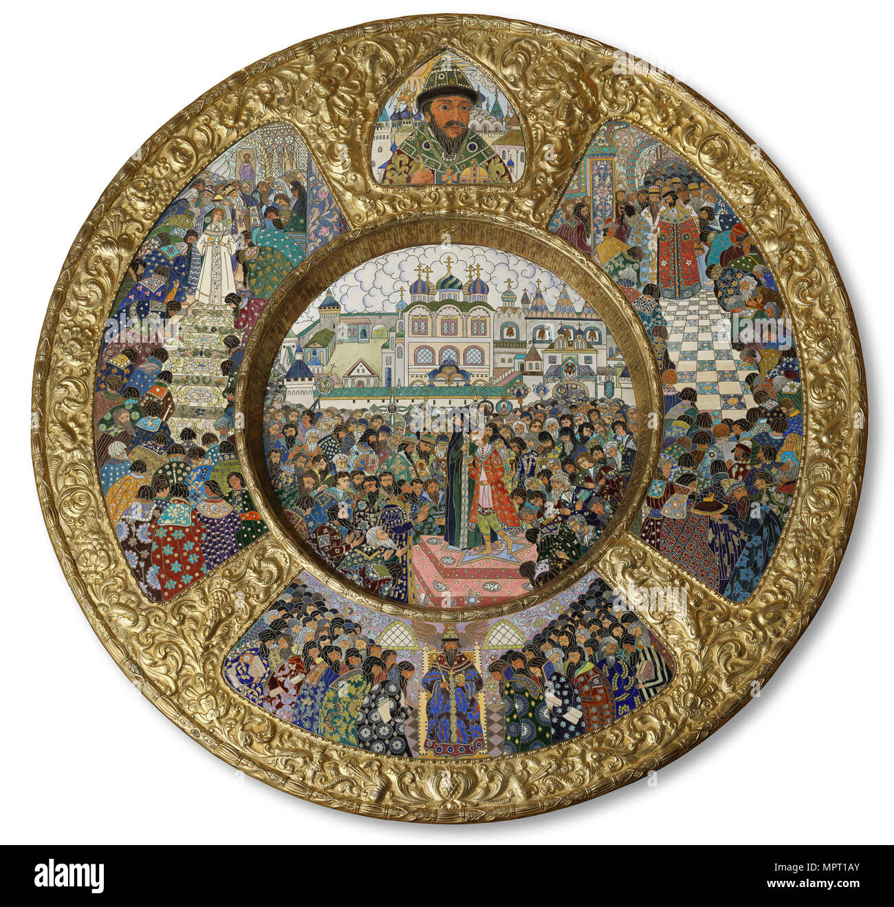 Dish with scenes the Election of Michail Romanov to the Tsar on 14 March 1613, 1913. Stock Photo