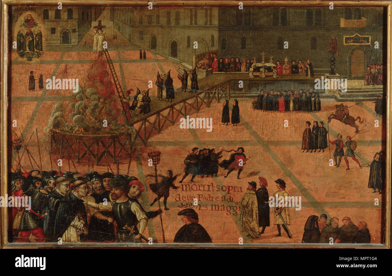 Girolamo Savonarola's execution on the Piazza della Signoria in Florence in 1498, 17th century. Stock Photo
