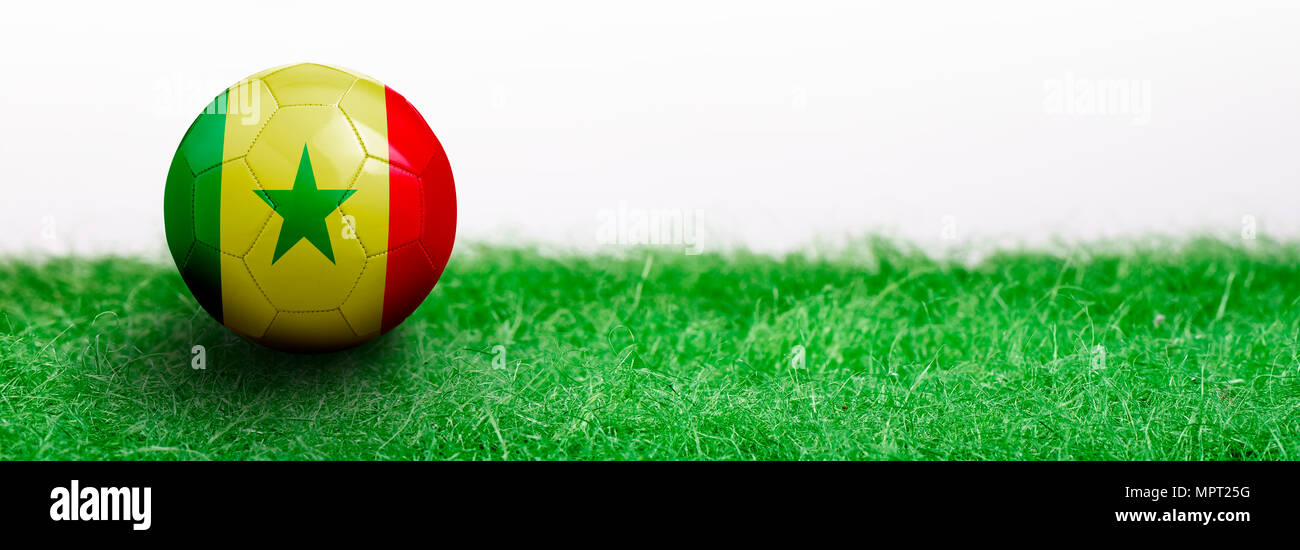 Panoramic Green grass isolated on white background and flagged soccer ball. Senegal Stock Photo