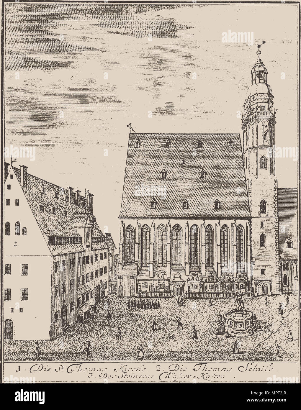St. Thomas Church and St. Thomas School in Leipzig, 1723 Stock Photo