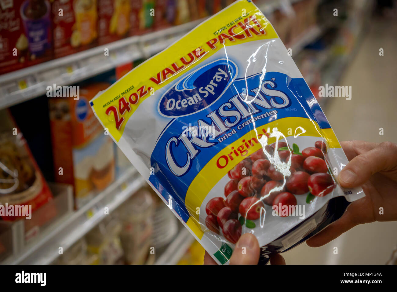 Ocean Spray cooperative dried cranberries branded as Craisins is seen in a supermarket in New York on Monday, May 21, 2018. The U.S. Dept. of Agriculture is proposing a regulation on the volume of cranberries produced by farmers for 2018-19 crops. The seasonal volume regulation would cut the glut of cranberries on the market. (© Richard B. Levine) Stock Photo