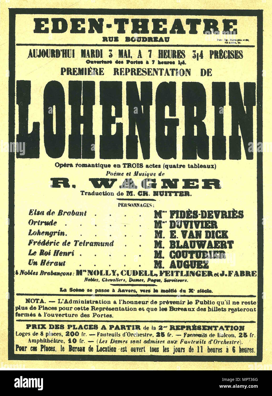 Premiere Poster for the opera Lohengrin by Richard Wagner in the Éden Théâtre, Paris, 1887. Stock Photo