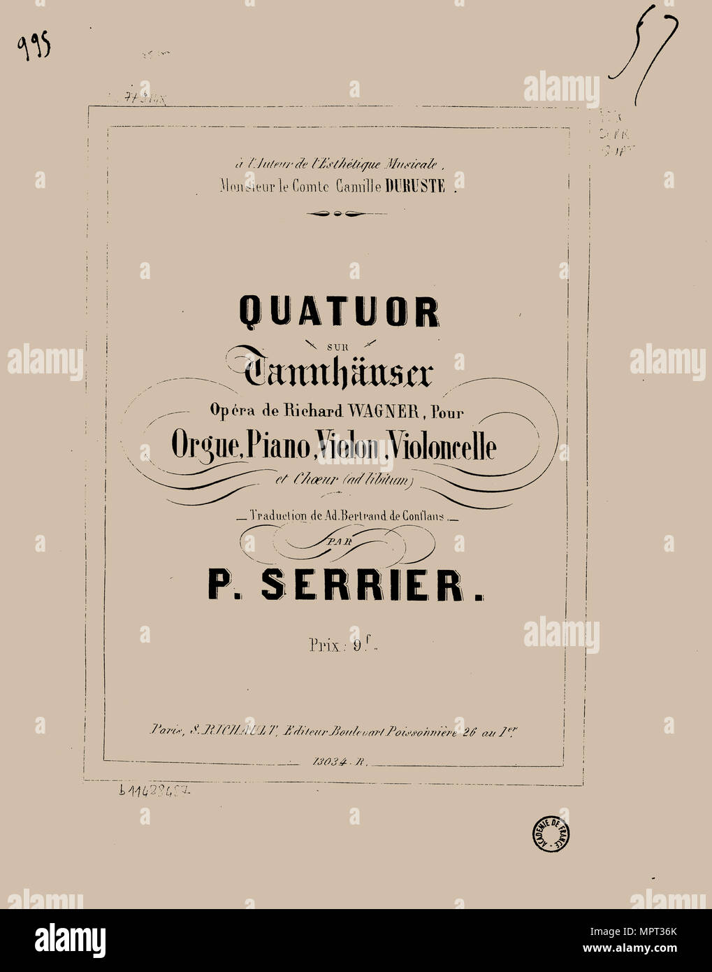 Quatuor sur Tannhäuser de Richard Wagner pour orgue, piano, violon, violoncelle et choeur, 1857. Stock Photo