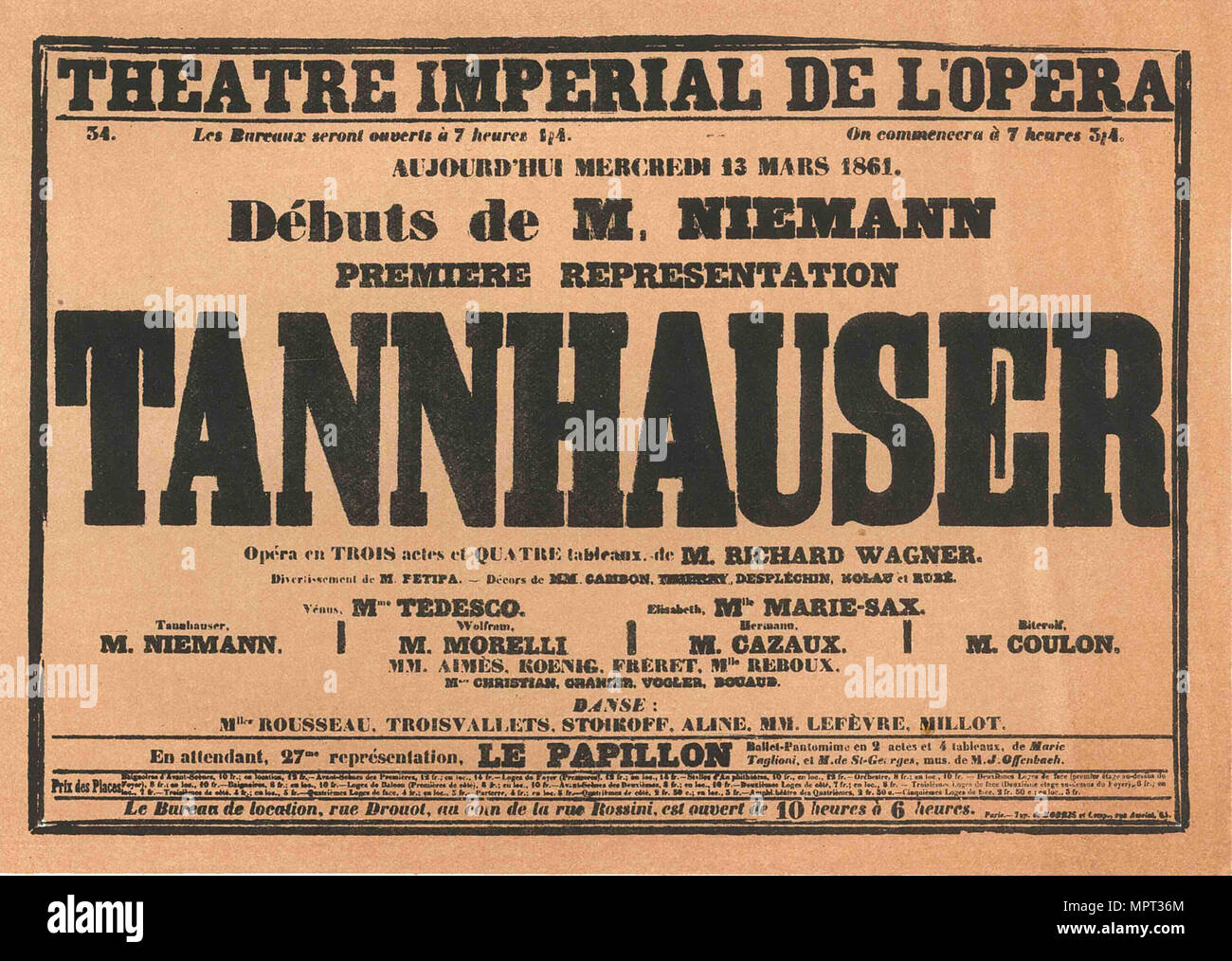 Premiere Poster for the opera Tannhäuser by Richard Wagner in the Opéra de Paris, 1861. Stock Photo