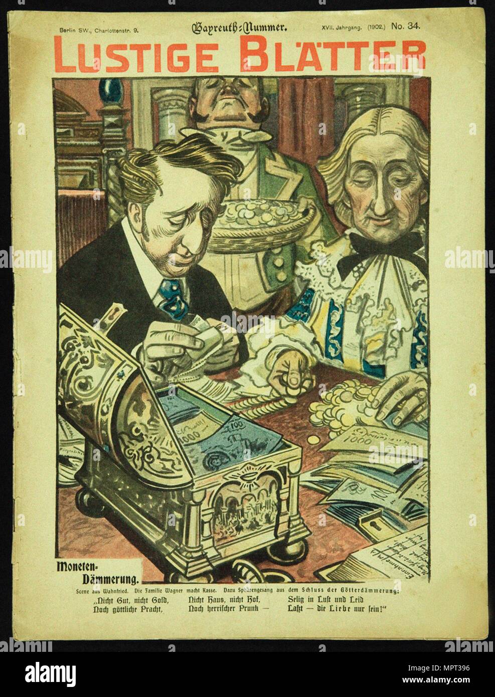 Twilight of the Coins. Caricature from Lustigen Blätter. Berlín. No 34, 1902, dedicated to the Bayre Stock Photo