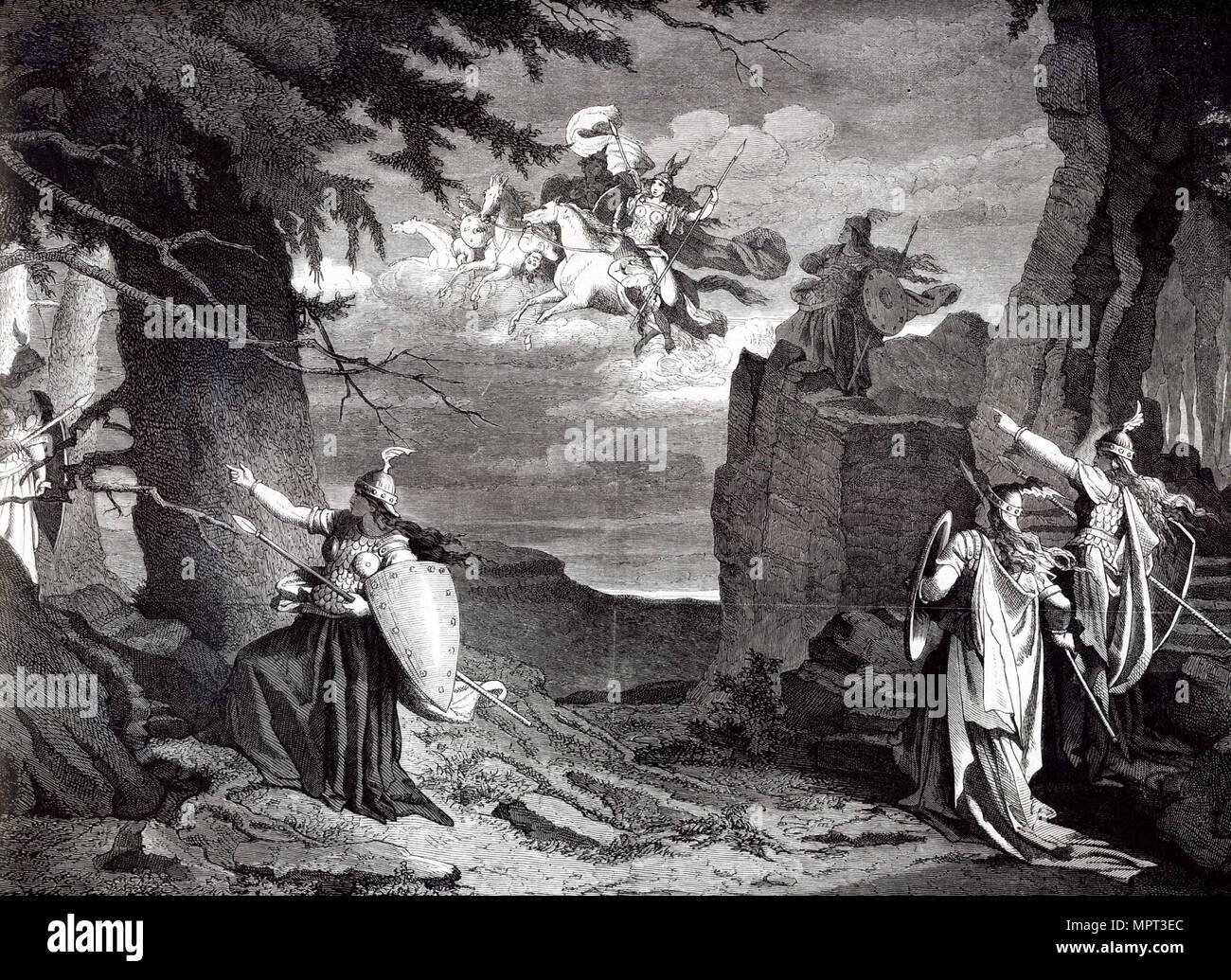 Das Rheingold by Richard Wagner. The Valkyrie's rock. Illustration to the premiere, 1869, 1869. Stock Photo