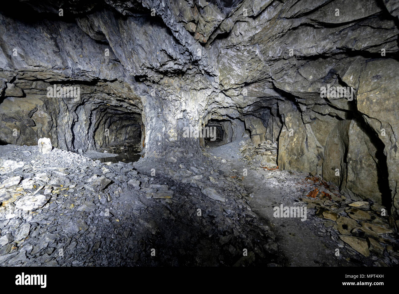 Ratgoed pronounced Yr Allt Goed in native Welsh, is an abandoned slate mine. Underground there are many tunnels chasms and relics from the past. Stock Photo