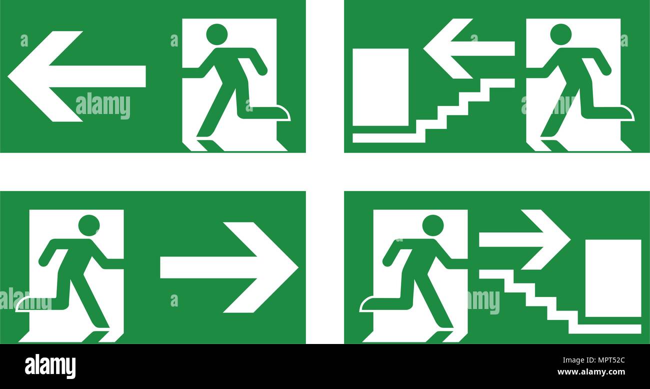 Emergency exit safety sign. White running man icon on green background - left, right and stairs version. Stock Vector