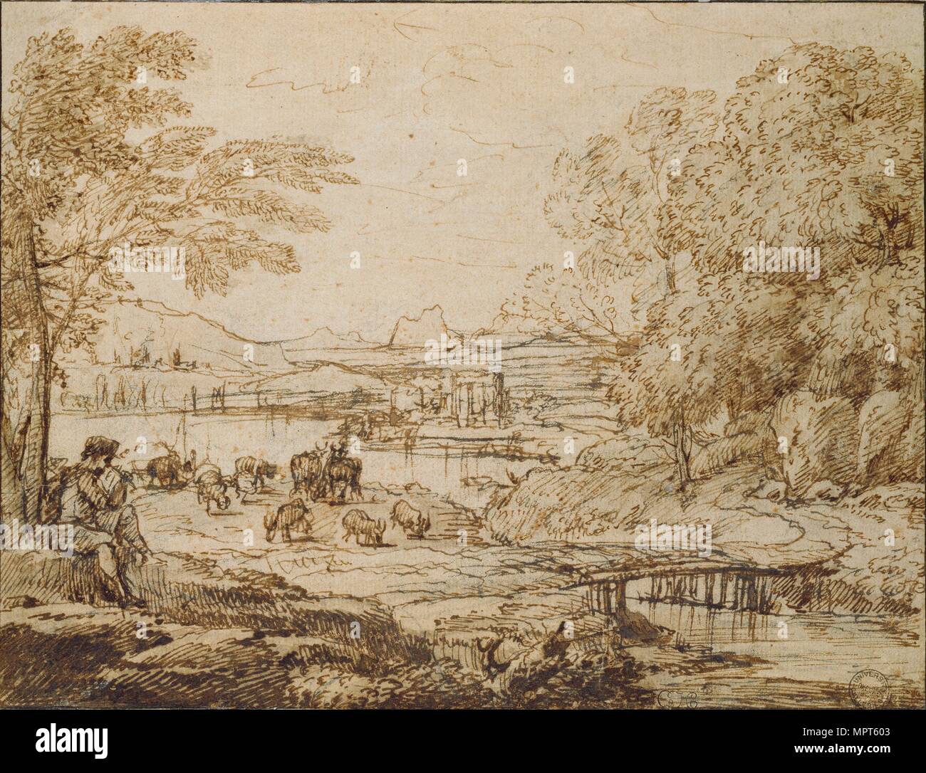 Youth playing a Pipe in a pastoral Landscape, c1640s. Artist: Claude Lorrain. Stock Photo