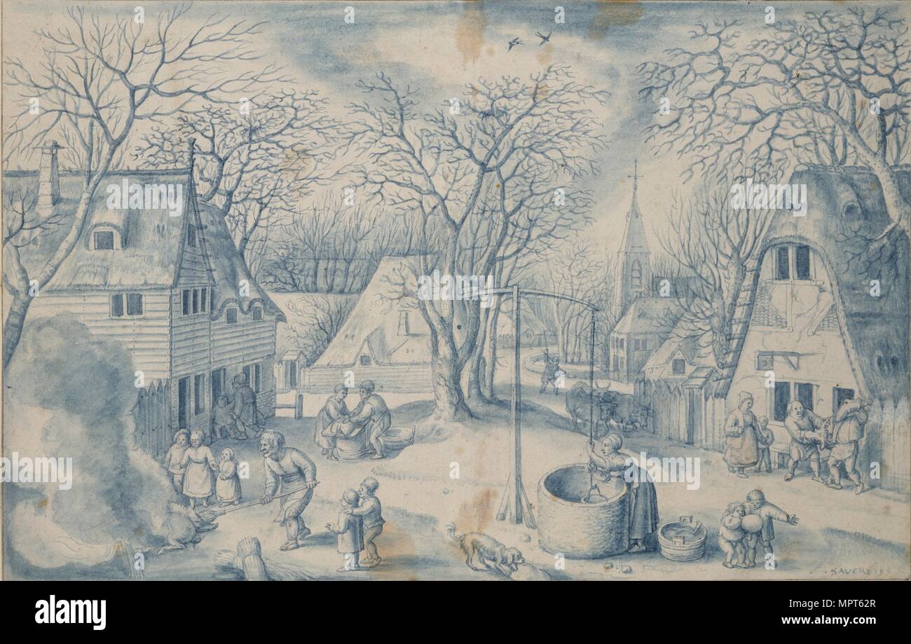 A village Scene: Winter, 16th century. Artist: Jacob Savery I. Stock Photo