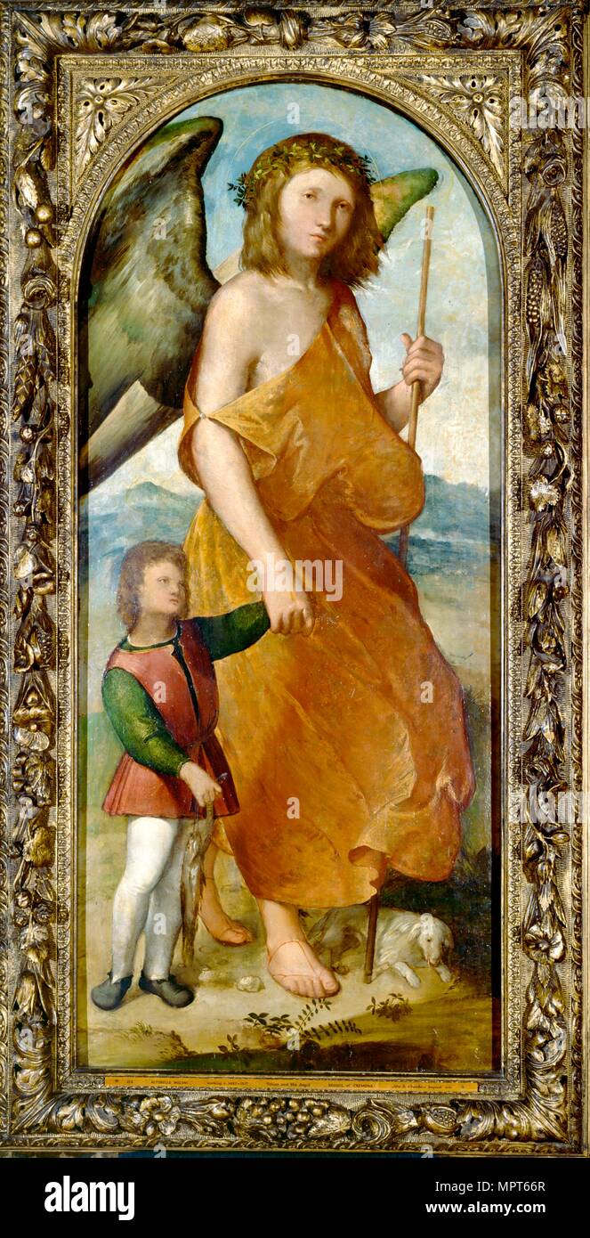 Tobias and the Angel, early 1520s. Artist: Altobello Melone. Stock Photo