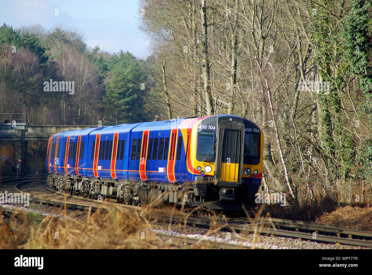 South West Trains SWT railway owned by Stagecoach, operator of the South Western Railway franchise 1996 to 2017. British Rail Class 450 third-rail DC Stock Photo
