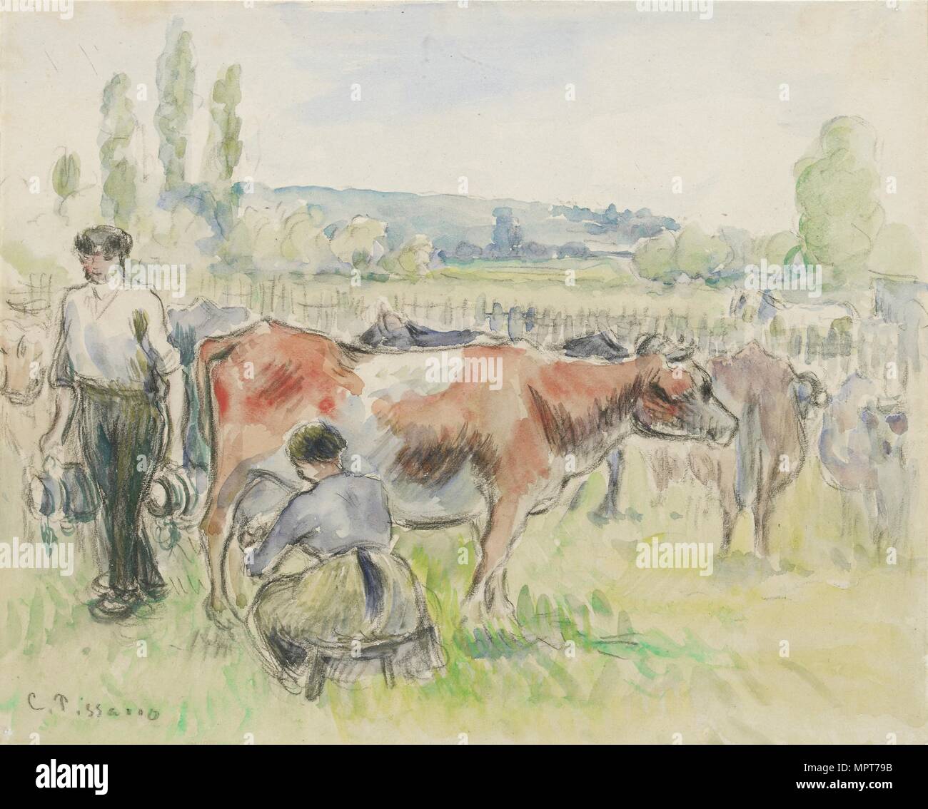 Compositional study of a milking scene at Eragny-sur-Epte, 1884. Artist: Camille Pissarro. Stock Photo