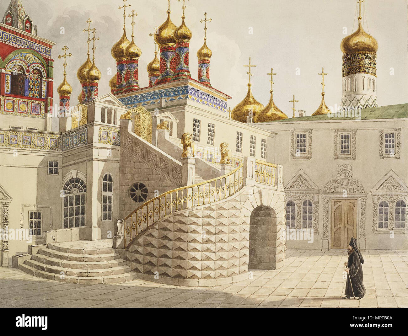 The Boyar Ground and the Church of Our Saviour behind the Gold Grid in the Moscow Kremlin. Stock Photo