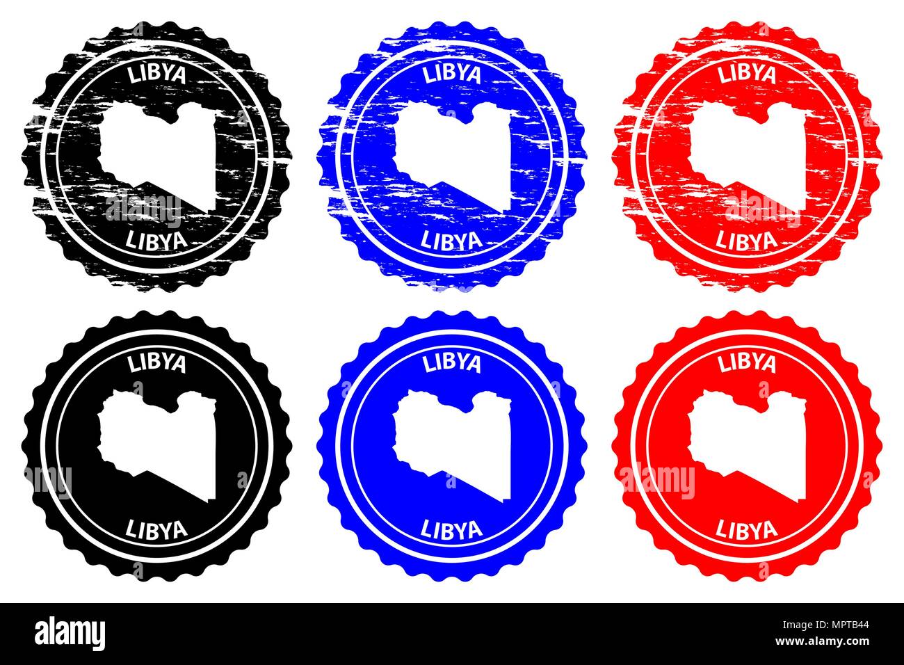 Libya - rubber stamp - vector, State of Libya map pattern - sticker - black, blue and red Stock Vector