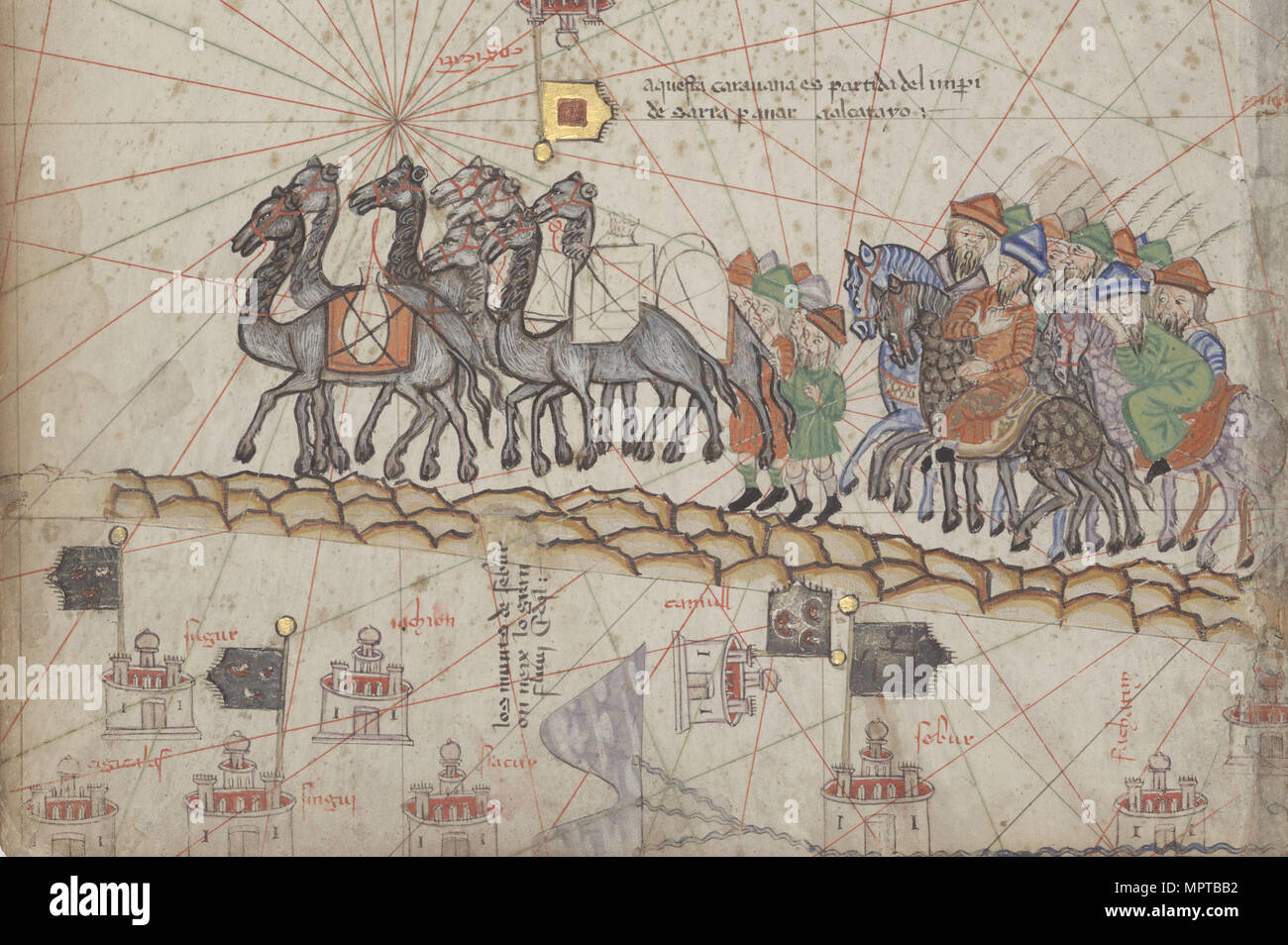 Caravan on the Silk Road. Detail from the Catalan Atlas. Stock Photo